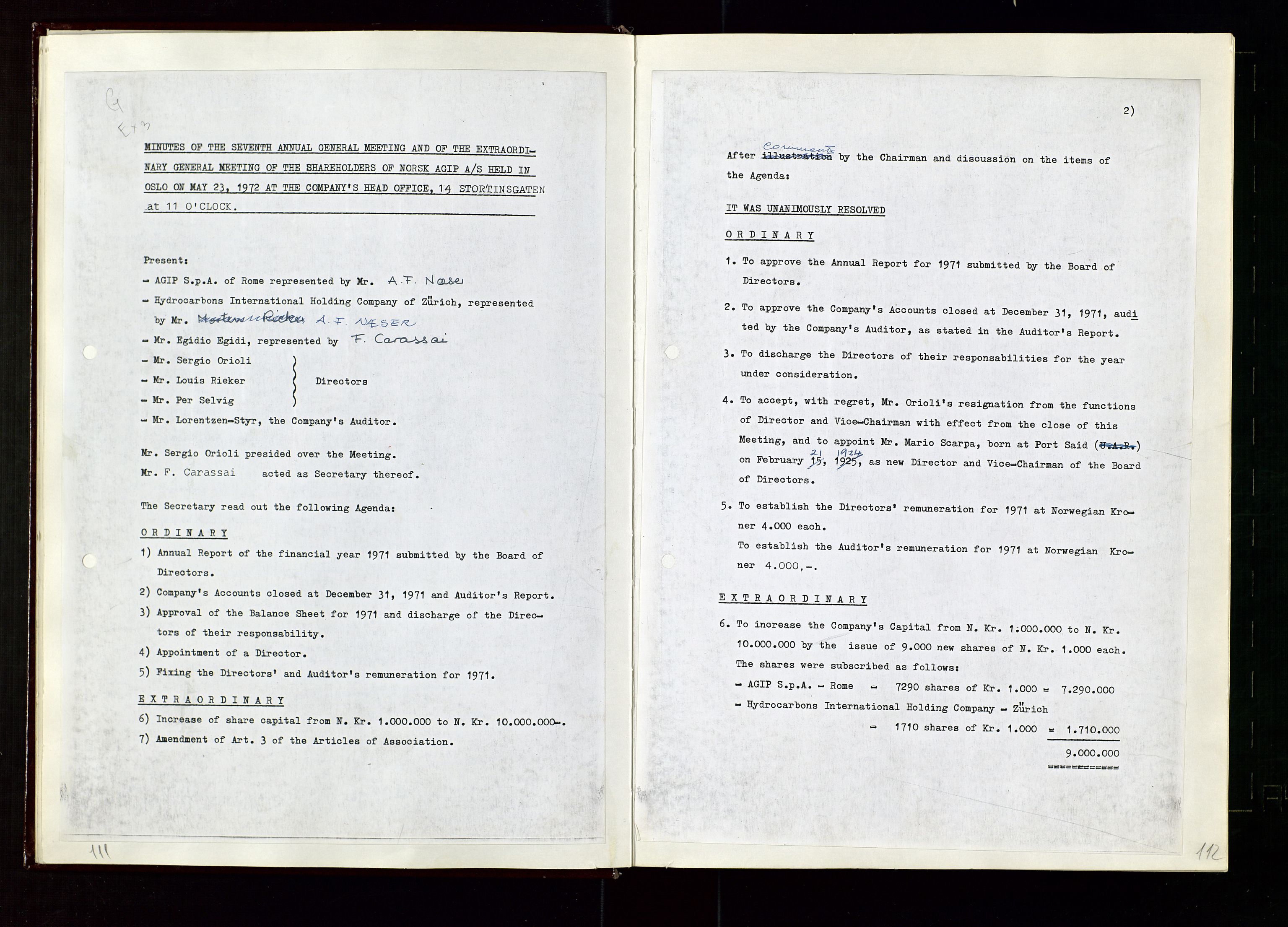 Pa 1583 - Norsk Agip AS, AV/SAST-A-102138/A/Aa/L0002: General assembly and Board of Directors meeting minutes, 1972-1979, s. 111-112