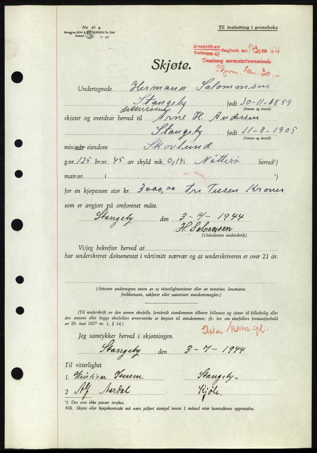 Tønsberg sorenskriveri, AV/SAKO-A-130/G/Ga/Gaa/L0015: Pantebok nr. A15, 1944-1944, Dagboknr: 1430/1944