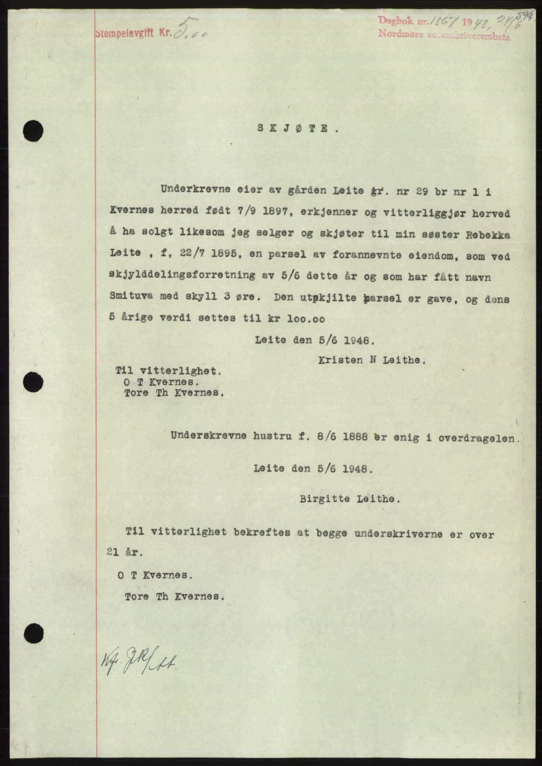 Nordmøre sorenskriveri, SAT/A-4132/1/2/2Ca: Pantebok nr. A108, 1948-1948, Dagboknr: 1867/1948
