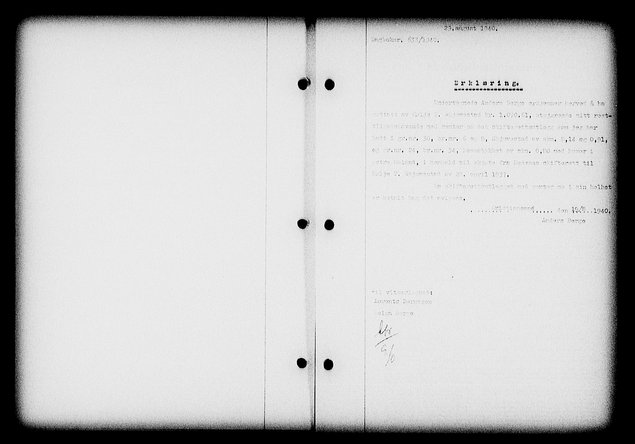 Nedenes sorenskriveri, SAK/1221-0006/G/Gb/Gba/L0047: Pantebok nr. A-I, 1939-1940, Dagboknr: 633/1940