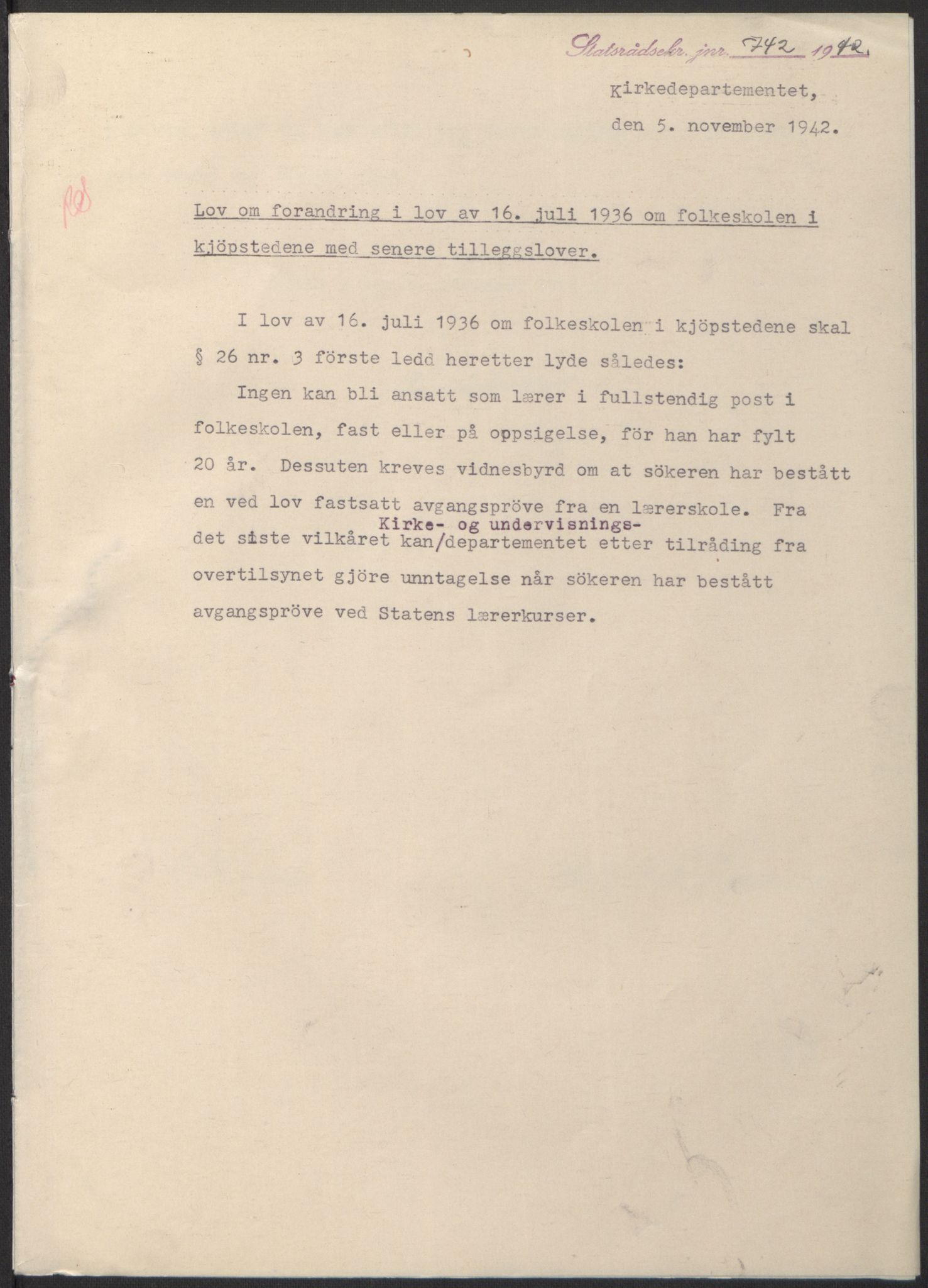 NS-administrasjonen 1940-1945 (Statsrådsekretariatet, de kommisariske statsråder mm), RA/S-4279/D/Db/L0098: Lover II, 1942, s. 495