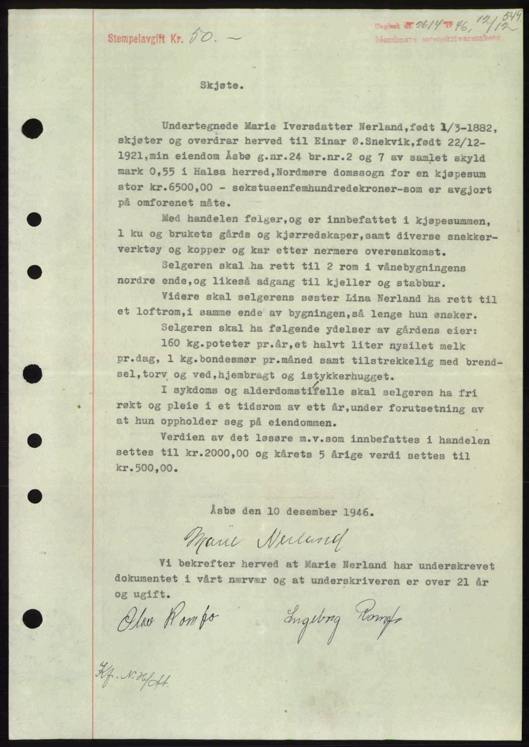 Nordmøre sorenskriveri, SAT/A-4132/1/2/2Ca: Pantebok nr. A103, 1946-1947, Dagboknr: 2614/1946