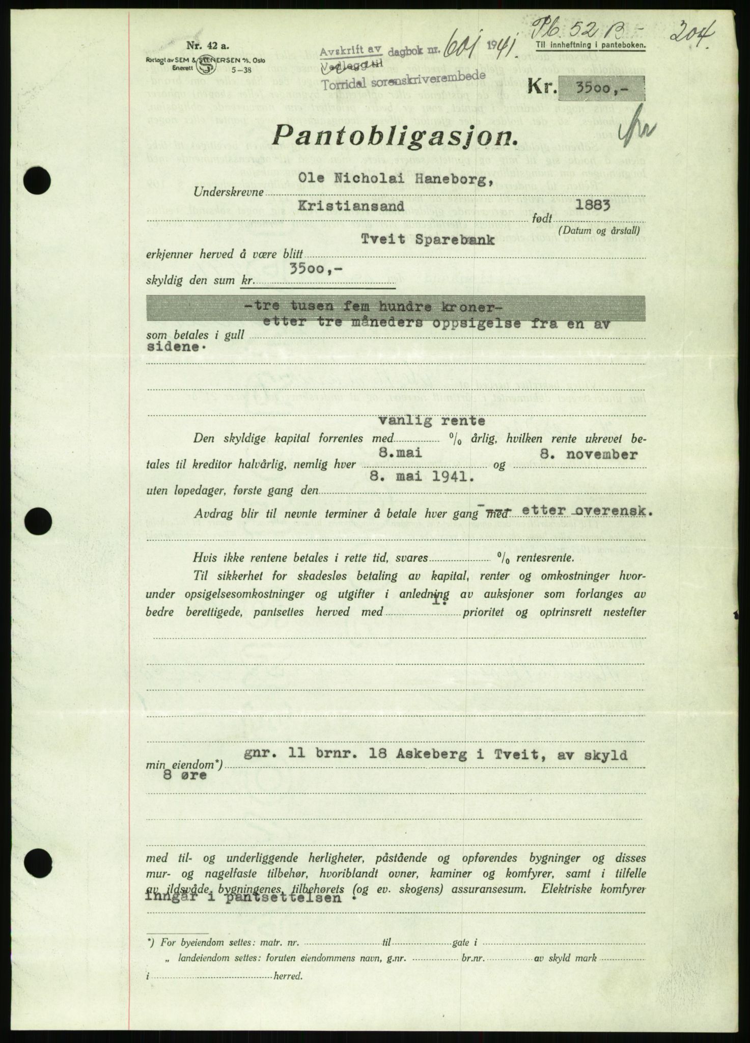 Torridal sorenskriveri, SAK/1221-0012/G/Gb/Gbb/L0008: Pantebok nr. 52b, 1940-1942, Dagboknr: 601/1941