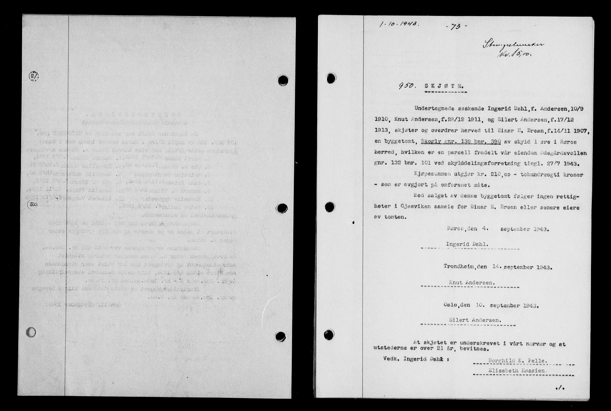 Gauldal sorenskriveri, SAT/A-0014/1/2/2C/L0057: Pantebok nr. 62, 1943-1944, Dagboknr: 950/1943