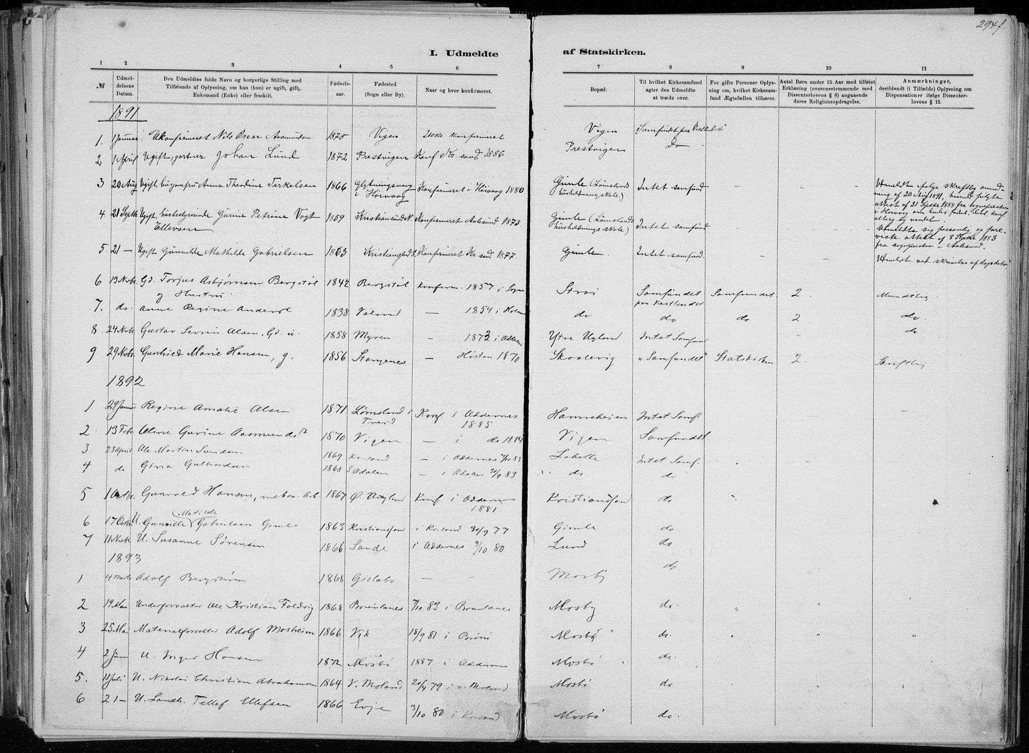 Oddernes sokneprestkontor, SAK/1111-0033/F/Fa/Faa/L0009: Ministerialbok nr. A 9, 1884-1896, s. 294f