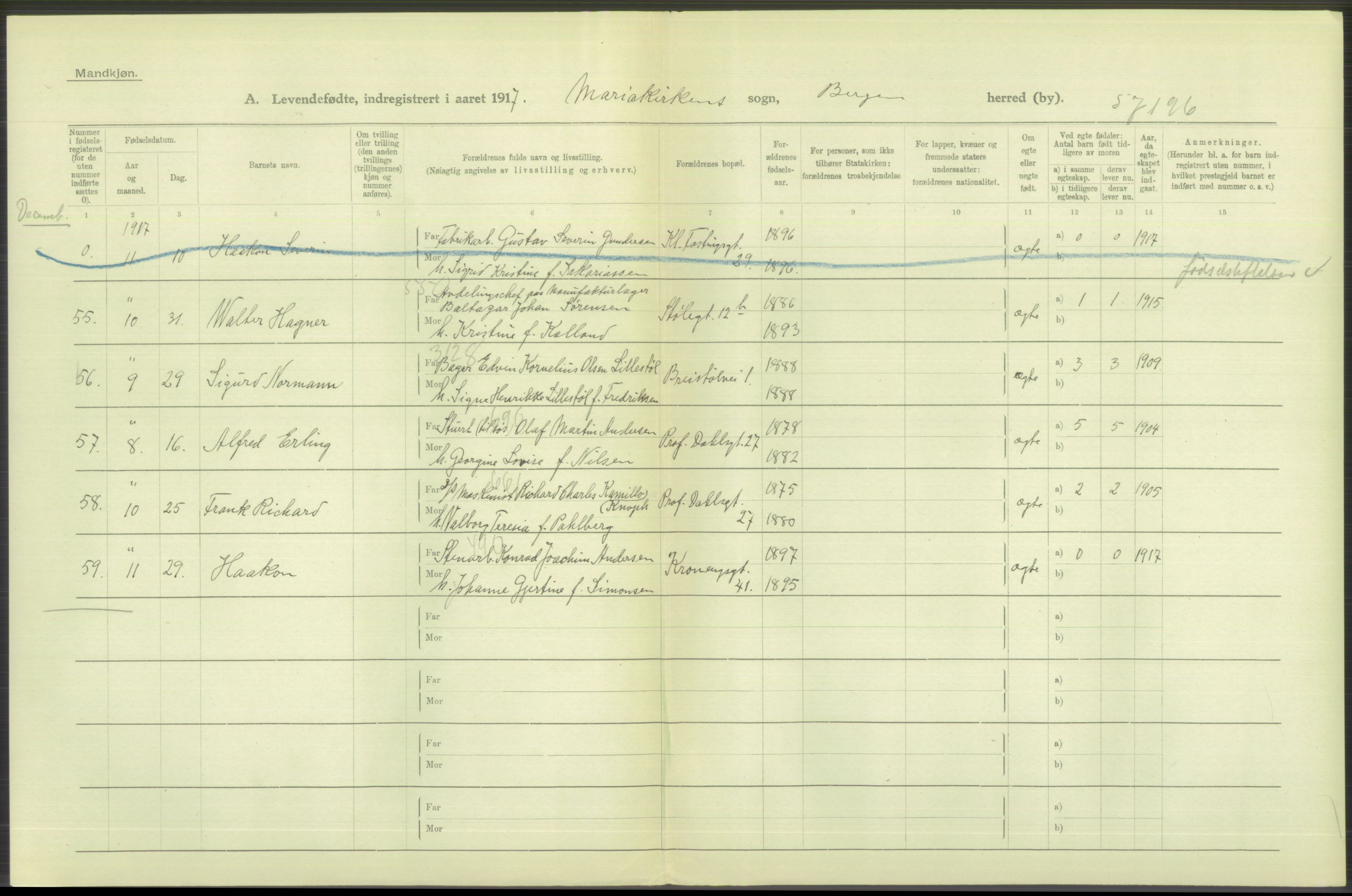 Statistisk sentralbyrå, Sosiodemografiske emner, Befolkning, RA/S-2228/D/Df/Dfb/Dfbg/L0037: Bergen: Levendefødte menn og kvinner., 1917, s. 392