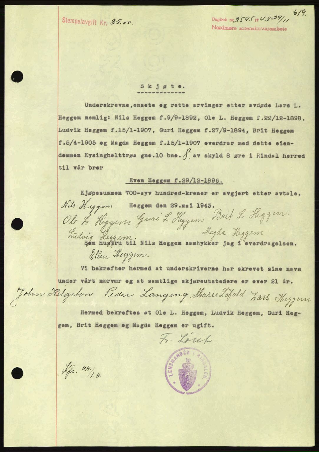 Nordmøre sorenskriveri, SAT/A-4132/1/2/2Ca: Pantebok nr. A96, 1943-1944, Dagboknr: 2595/1943