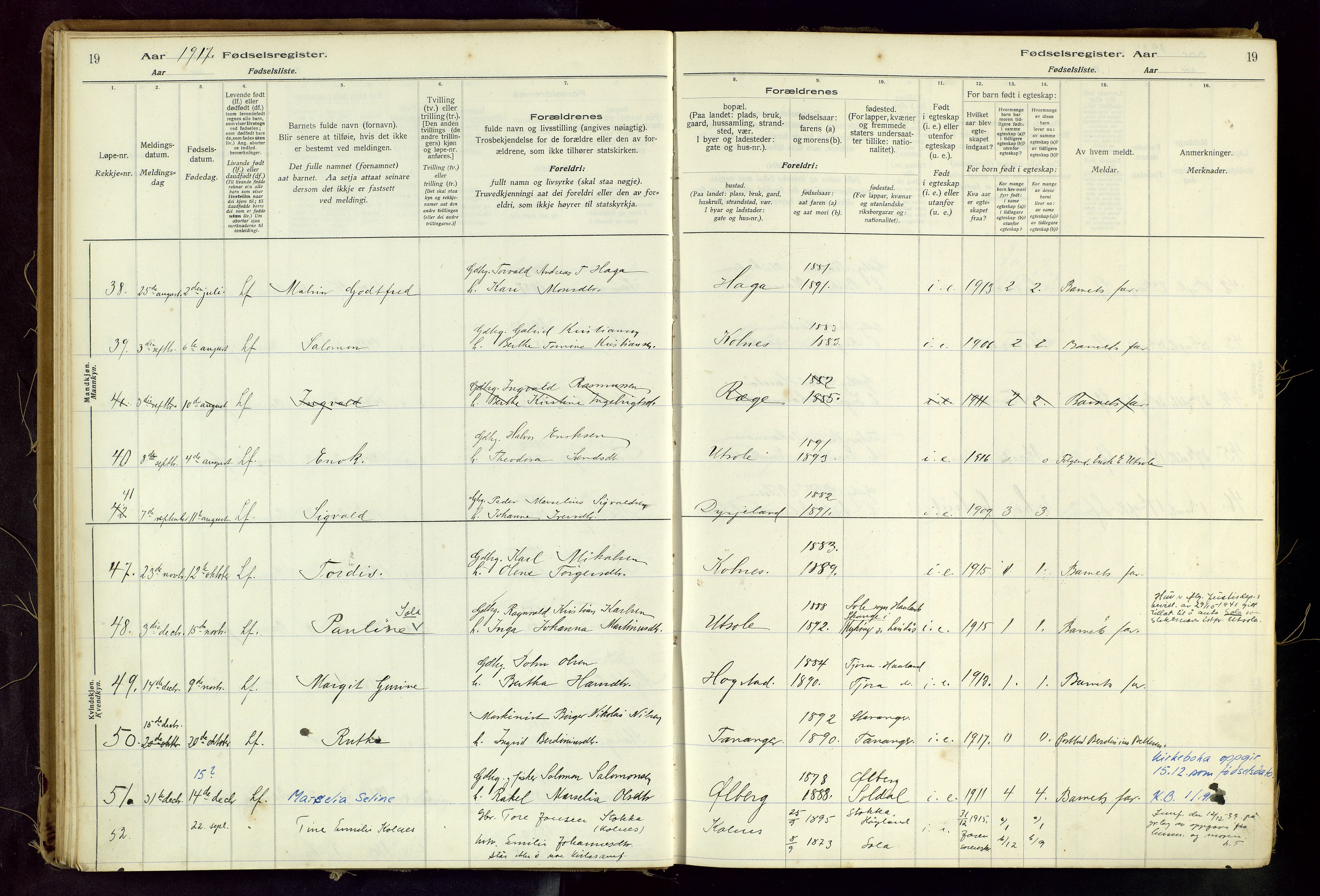 Håland sokneprestkontor, AV/SAST-A-101802/001/704BA/L0001: Fødselsregister nr. 1, 1916-1936, s. 19