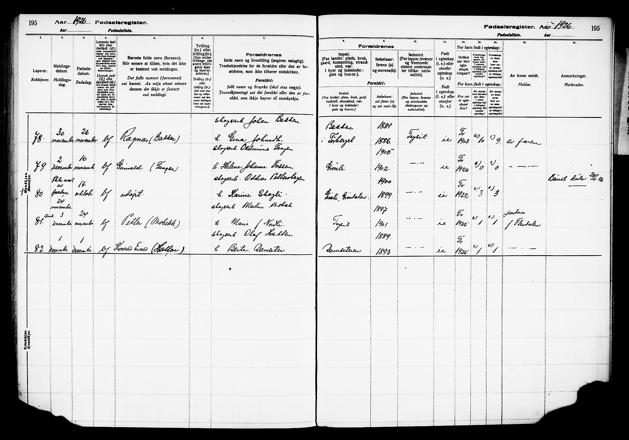 Trysil prestekontor, AV/SAH-PREST-046/I/Id/Ida/L0001: Fødselsregister nr. I 1, 1916-1927, s. 195