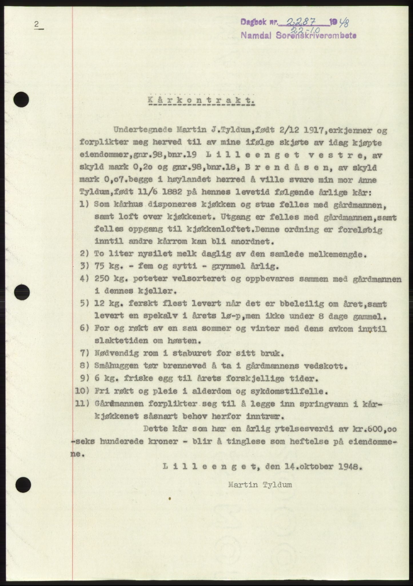 Namdal sorenskriveri, SAT/A-4133/1/2/2C: Pantebok nr. -, 1948-1948, Dagboknr: 2287/1948