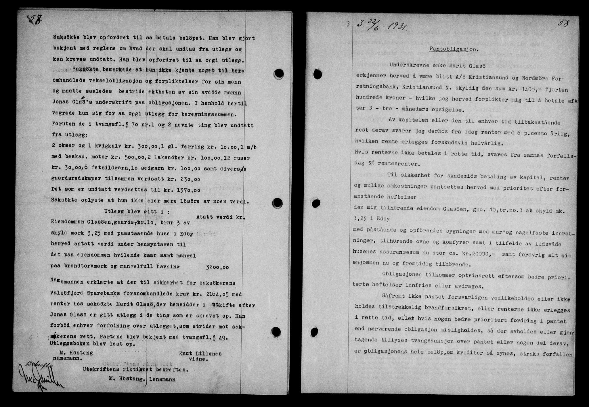 Nordmøre sorenskriveri, SAT/A-4132/1/2/2Ca/L0074: Pantebok nr. 63, 1931-1931, Tingl.dato: 22.06.1931