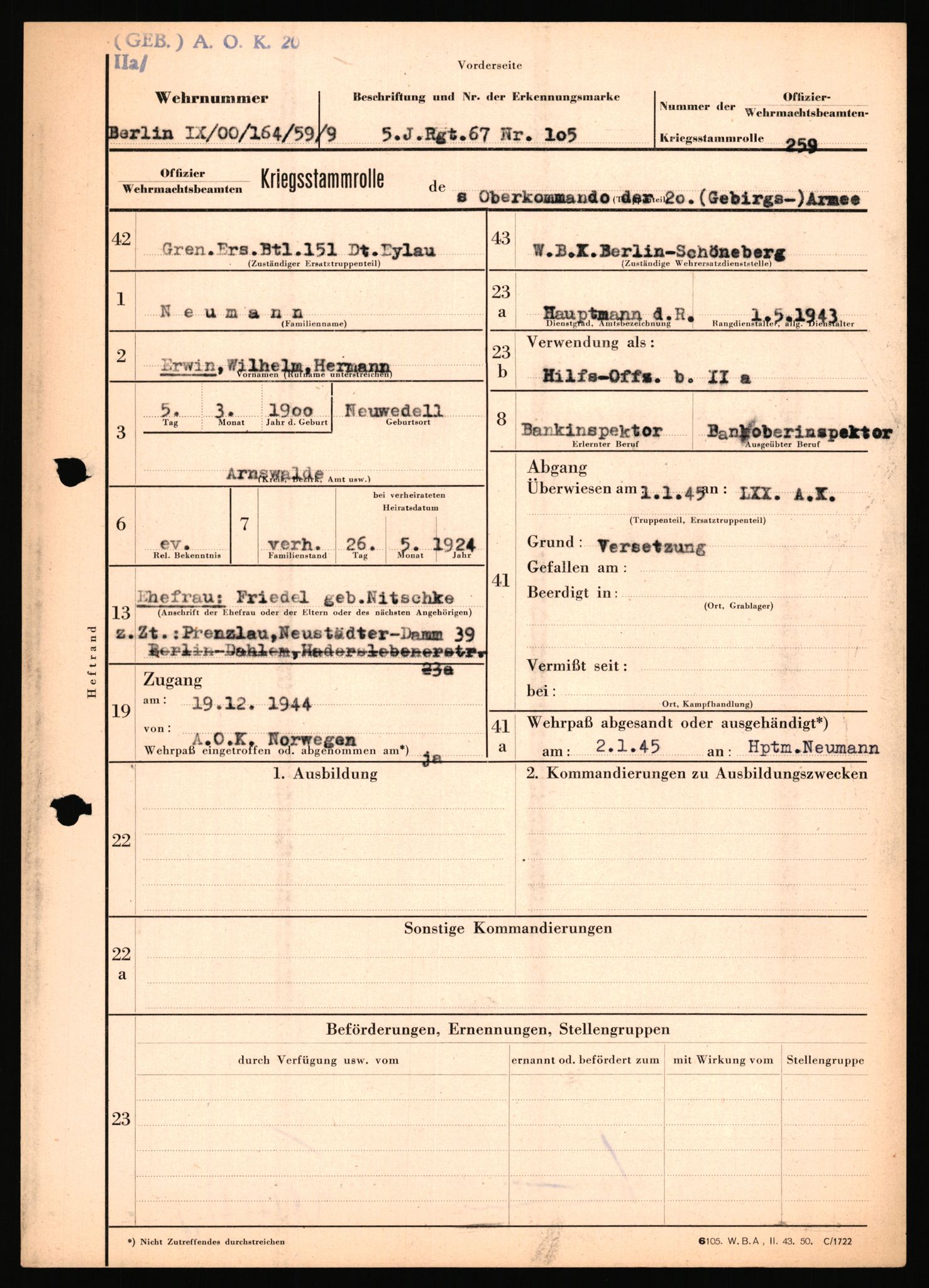 Forsvarets Overkommando. 2 kontor. Arkiv 11.4. Spredte tyske arkivsaker, AV/RA-RAFA-7031/D/Dar/Dara/L0018: Personalbøker, 1940-1945, s. 1183