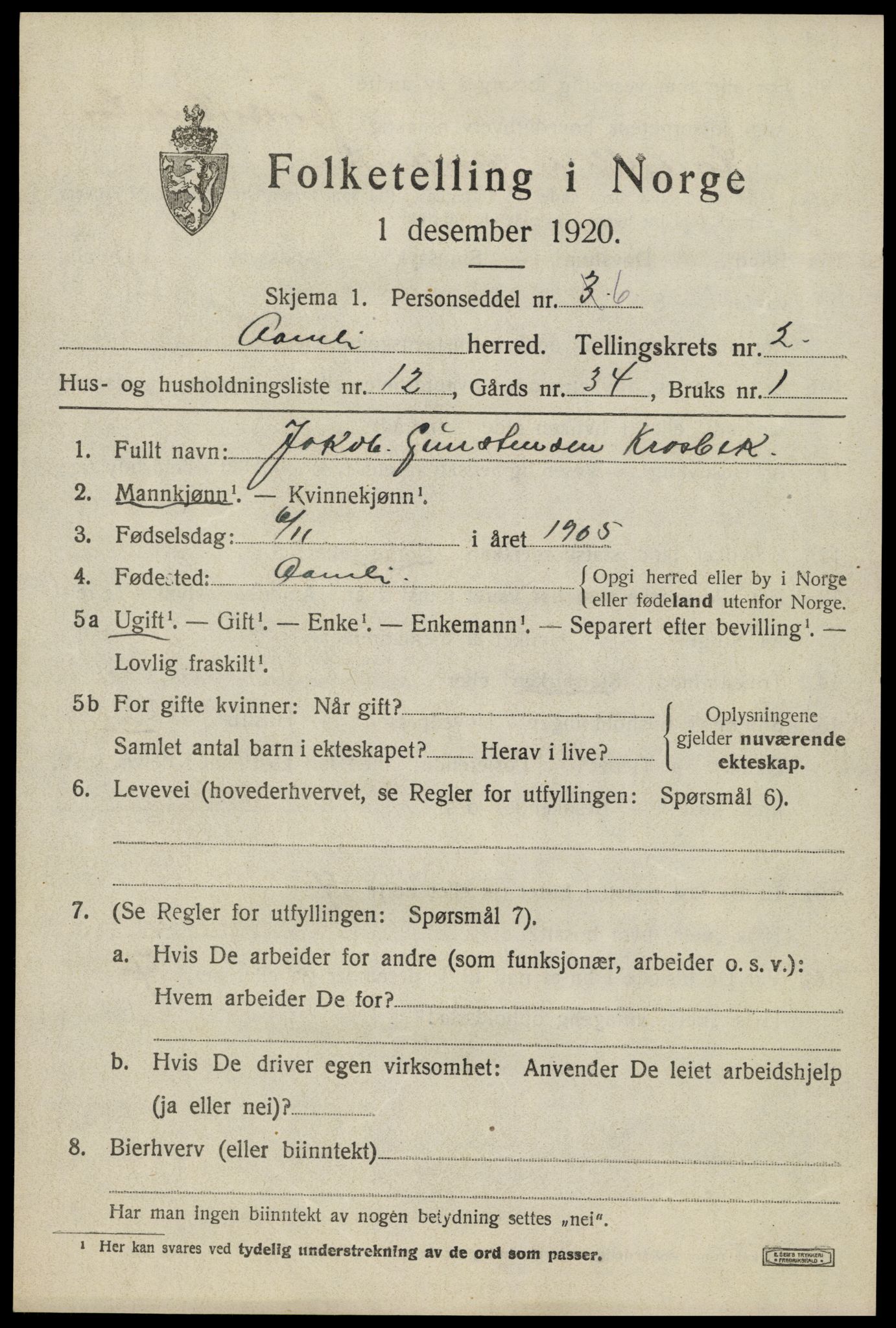 SAK, Folketelling 1920 for 0929 Åmli herred, 1920, s. 997