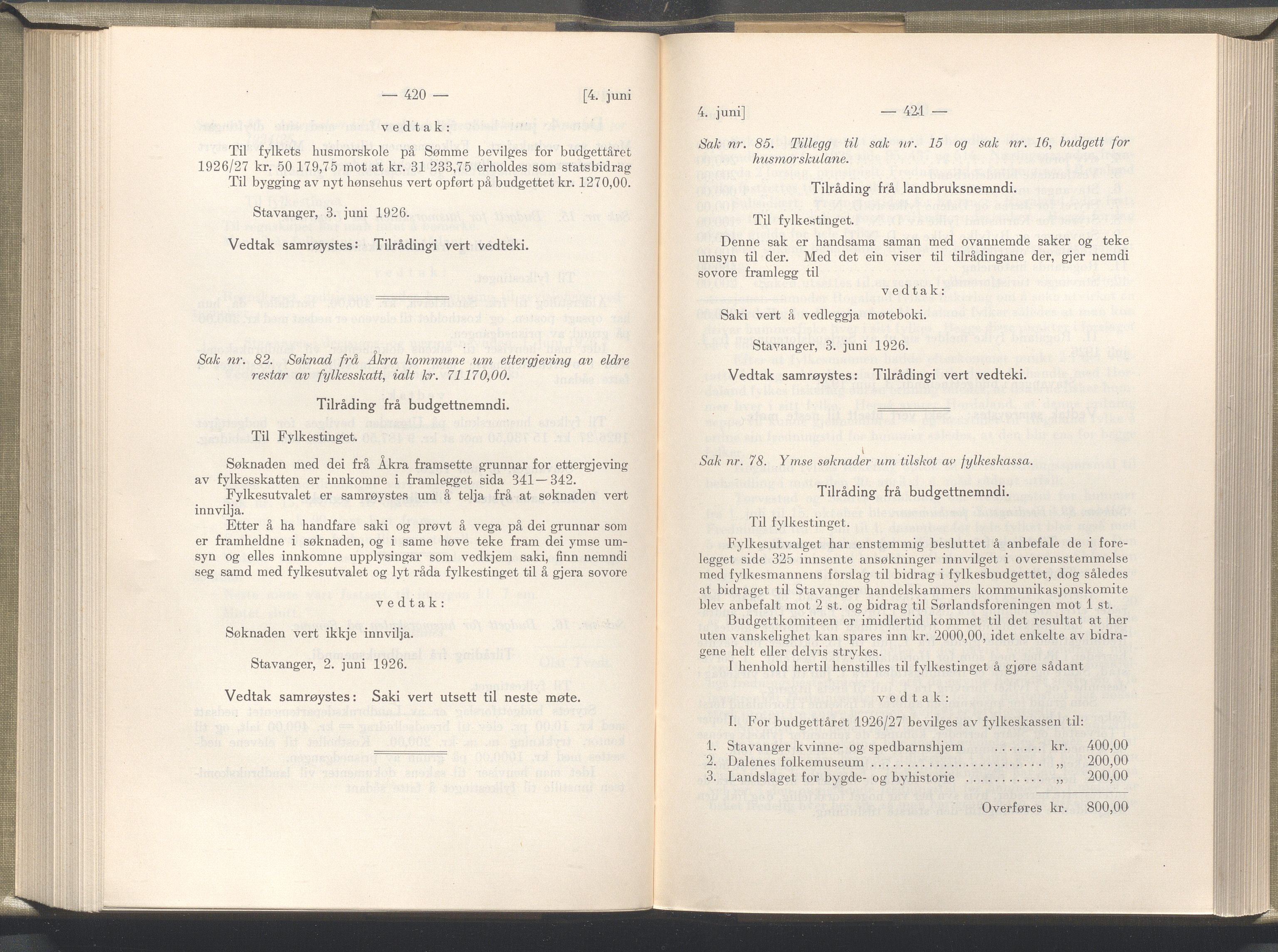 Rogaland fylkeskommune - Fylkesrådmannen , IKAR/A-900/A/Aa/Aaa/L0045: Møtebok , 1926, s. 420-421