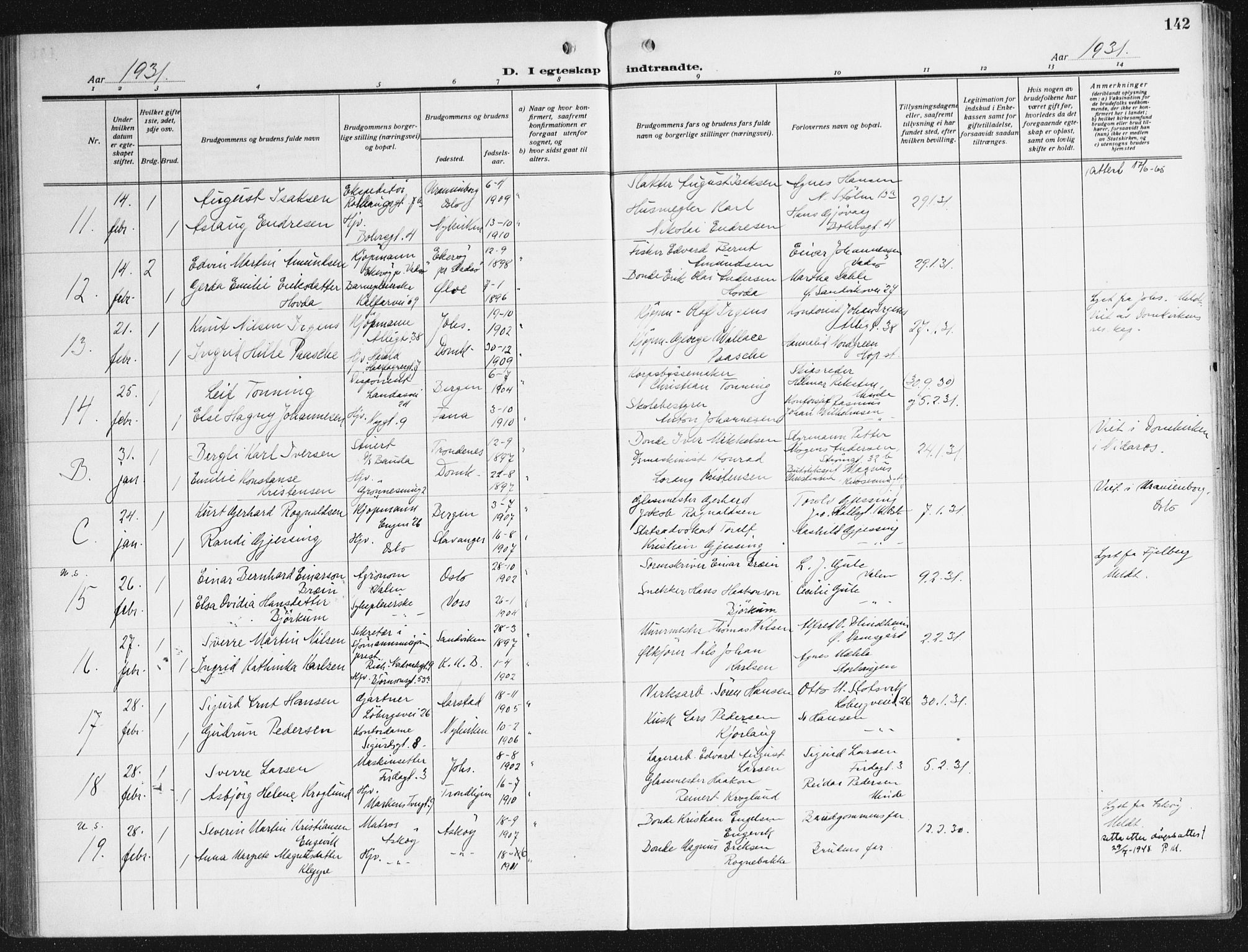 Domkirken sokneprestembete, AV/SAB-A-74801/H/Haa/L0039: Ministerialbok nr. D 6, 1921-1937, s. 142