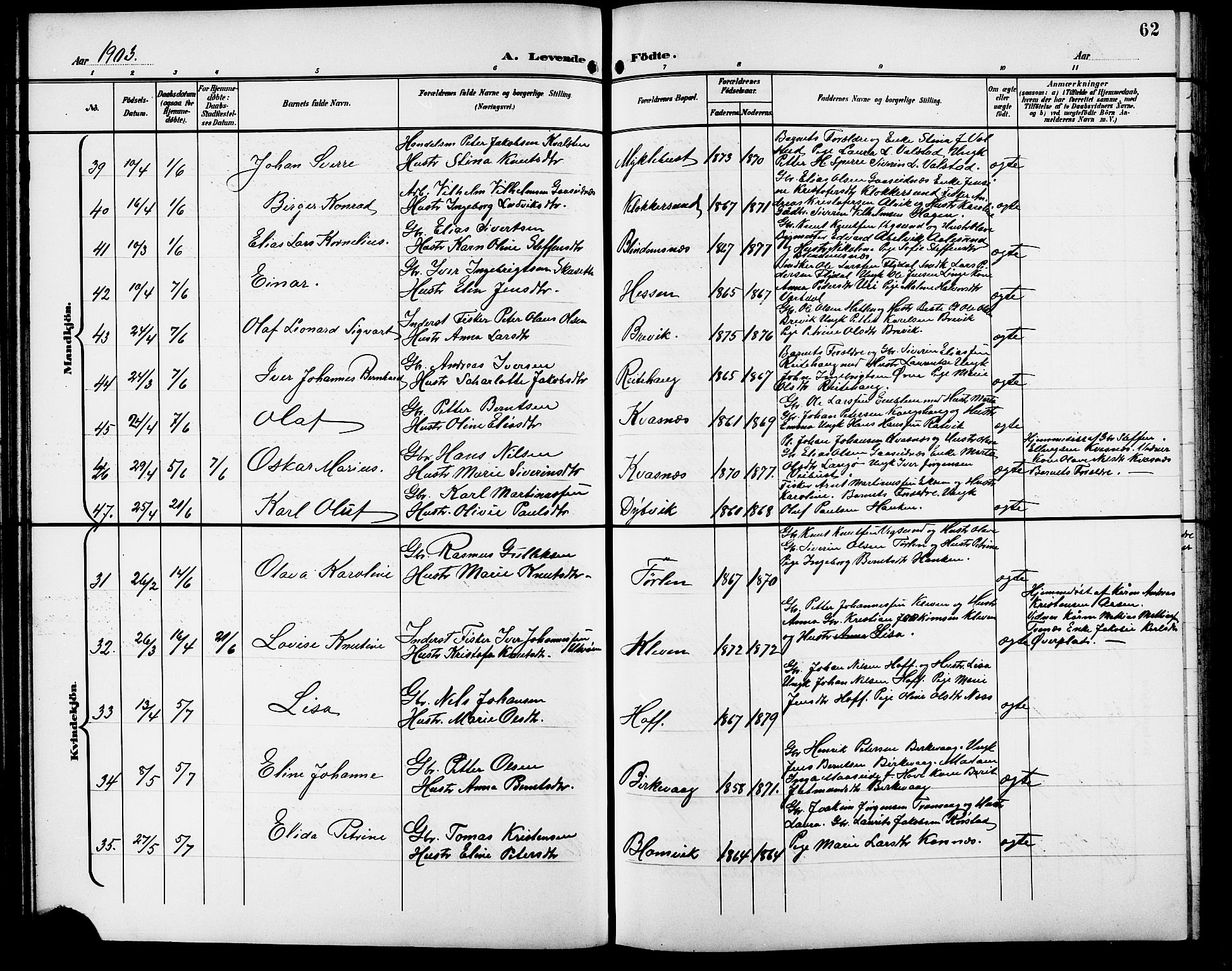 Ministerialprotokoller, klokkerbøker og fødselsregistre - Møre og Romsdal, AV/SAT-A-1454/528/L0432: Klokkerbok nr. 528C13, 1898-1918, s. 62