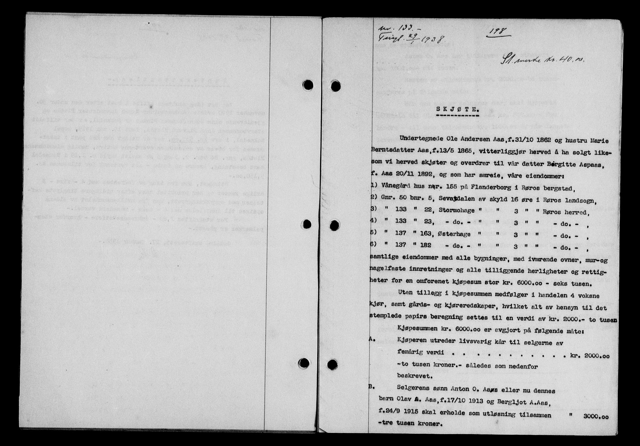Gauldal sorenskriveri, SAT/A-0014/1/2/2C/L0048: Pantebok nr. 51-52, 1937-1938, s. 198, Dagboknr: 133/1938