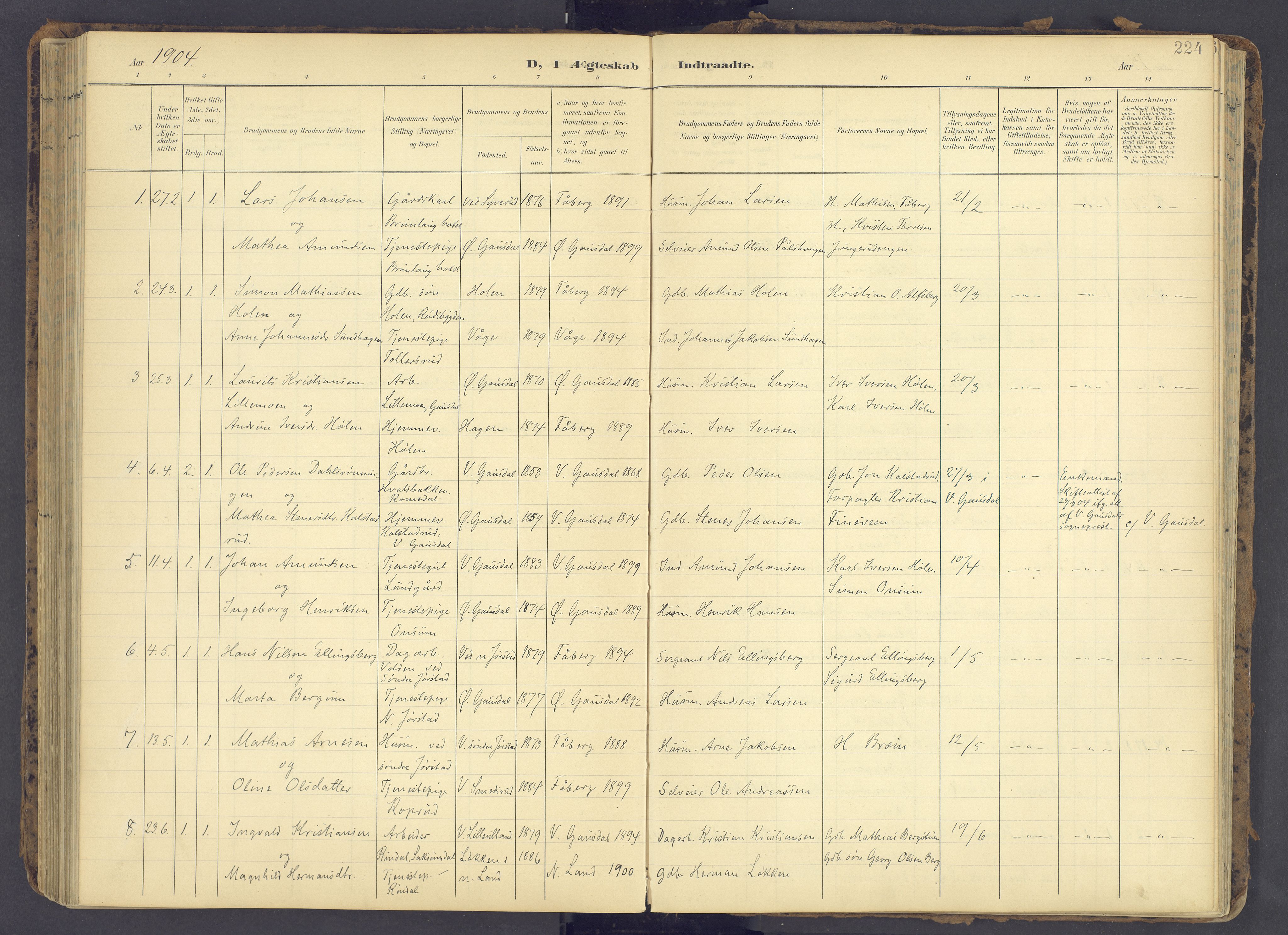Fåberg prestekontor, AV/SAH-PREST-086/H/Ha/Haa/L0012: Ministerialbok nr. 12, 1899-1915, s. 224
