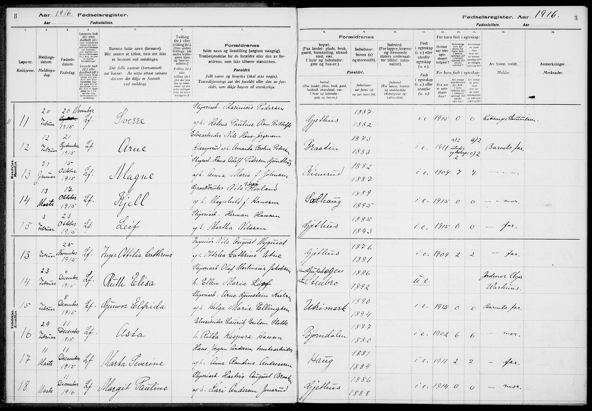 Modum kirkebøker, AV/SAKO-A-234/J/Ja/L0001: Fødselsregister nr. I 1, 1916-1923, s. 3