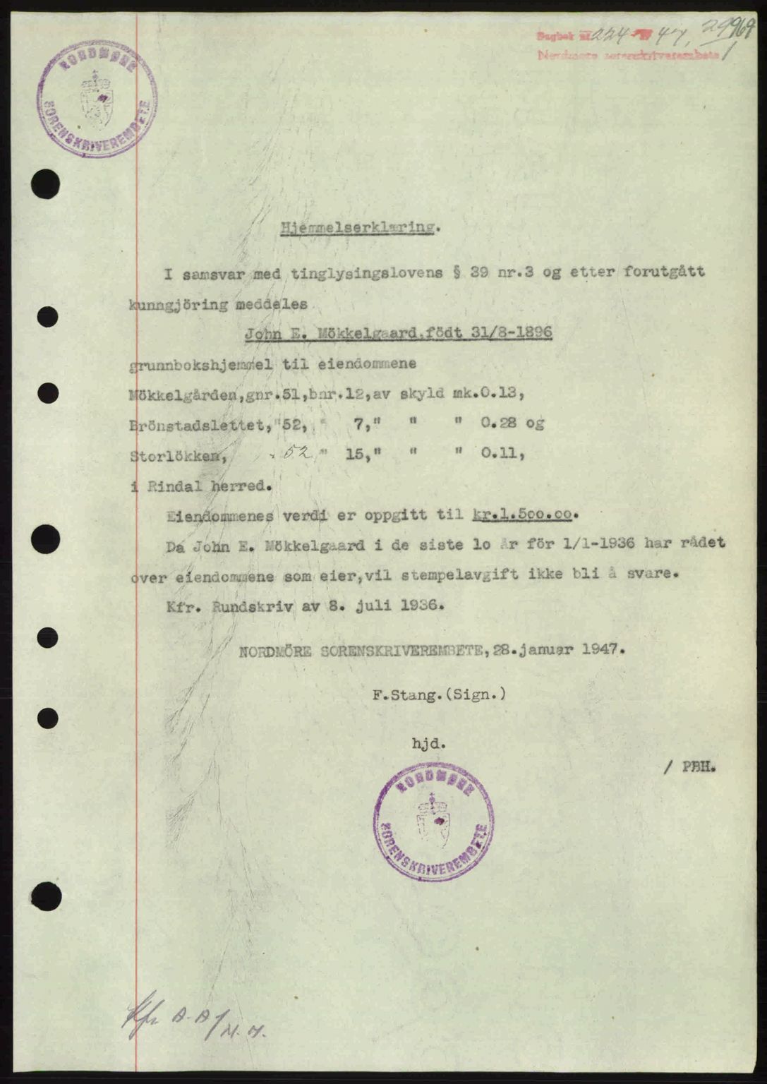 Nordmøre sorenskriveri, SAT/A-4132/1/2/2Ca: Pantebok nr. A103, 1946-1947, Dagboknr: 224/1947