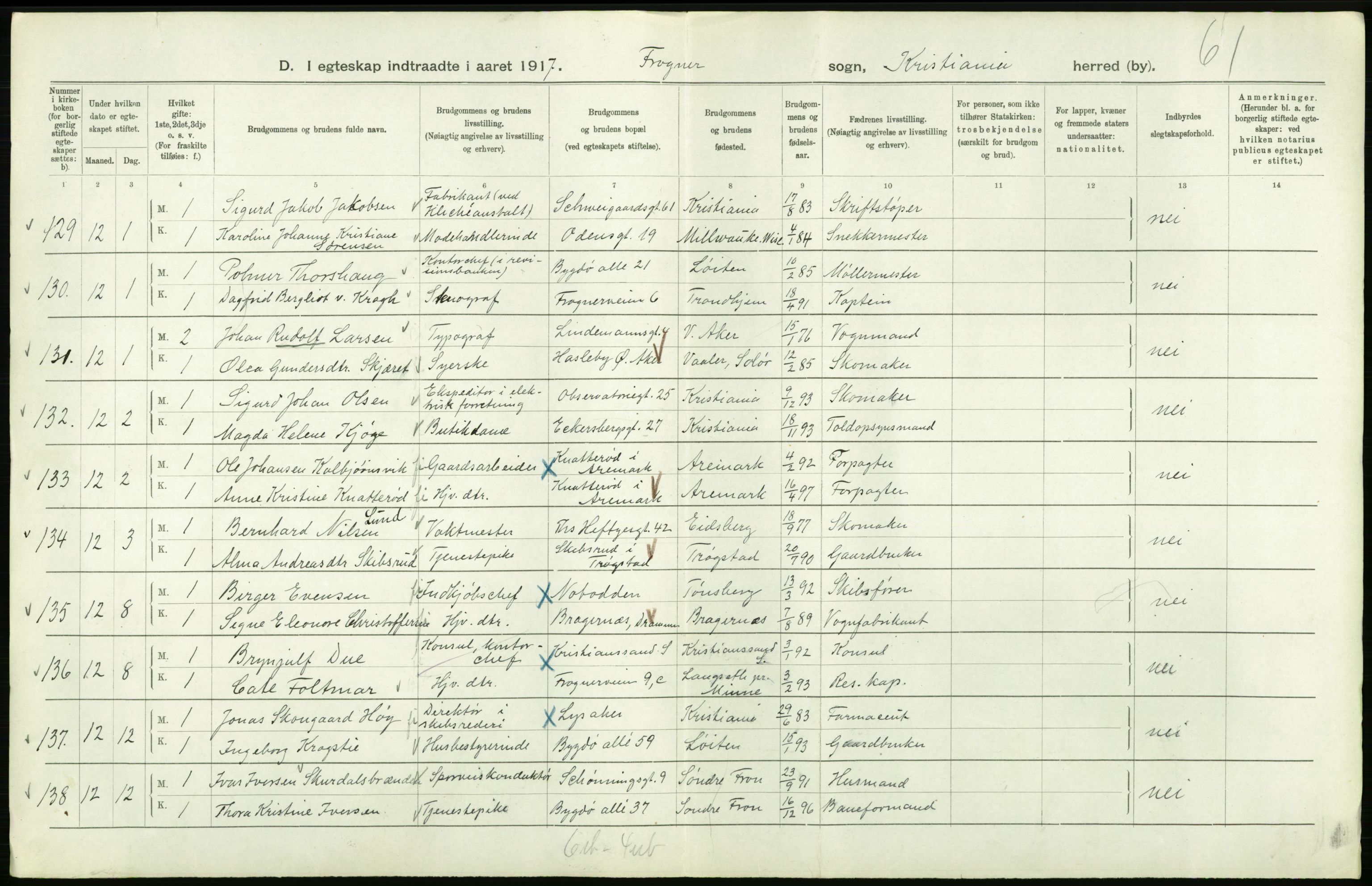 Statistisk sentralbyrå, Sosiodemografiske emner, Befolkning, AV/RA-S-2228/D/Df/Dfb/Dfbg/L0008: Kristiania: Gifte, 1917, s. 514