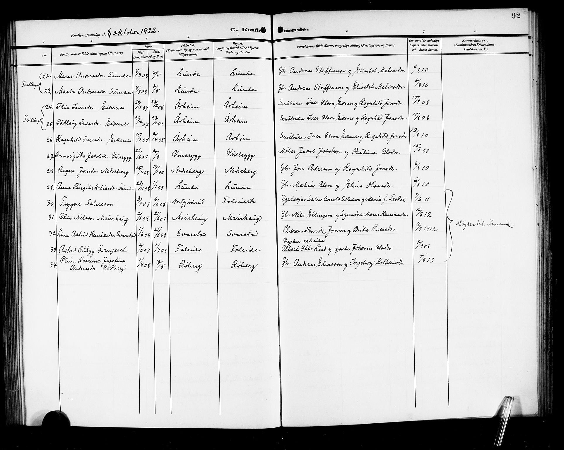 Stryn Sokneprestembete, SAB/A-82501: Klokkerbok nr. A 3, 1906-1924, s. 92