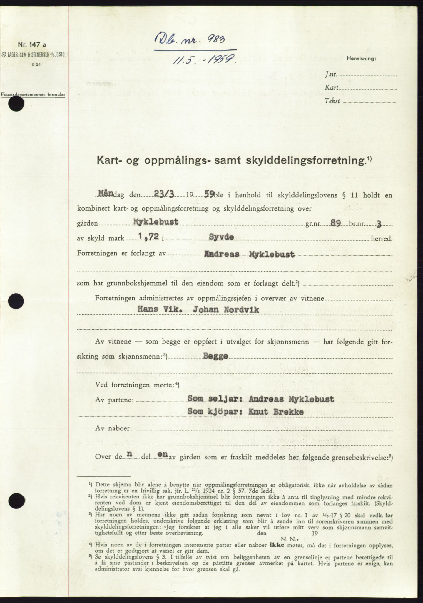 Søre Sunnmøre sorenskriveri, SAT/A-4122/1/2/2C/L0112: Pantebok nr. 38A, 1959-1959, Dagboknr: 983/1959