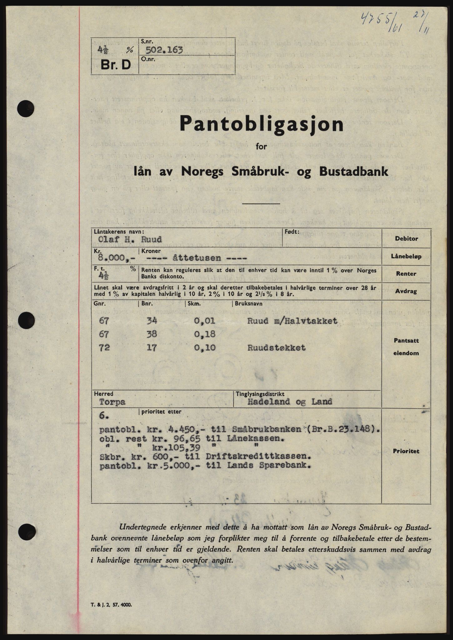 Hadeland og Land tingrett, SAH/TING-010/H/Hb/Hbc/L0047: Pantebok nr. B47, 1961-1962, Dagboknr: 4755/1961
