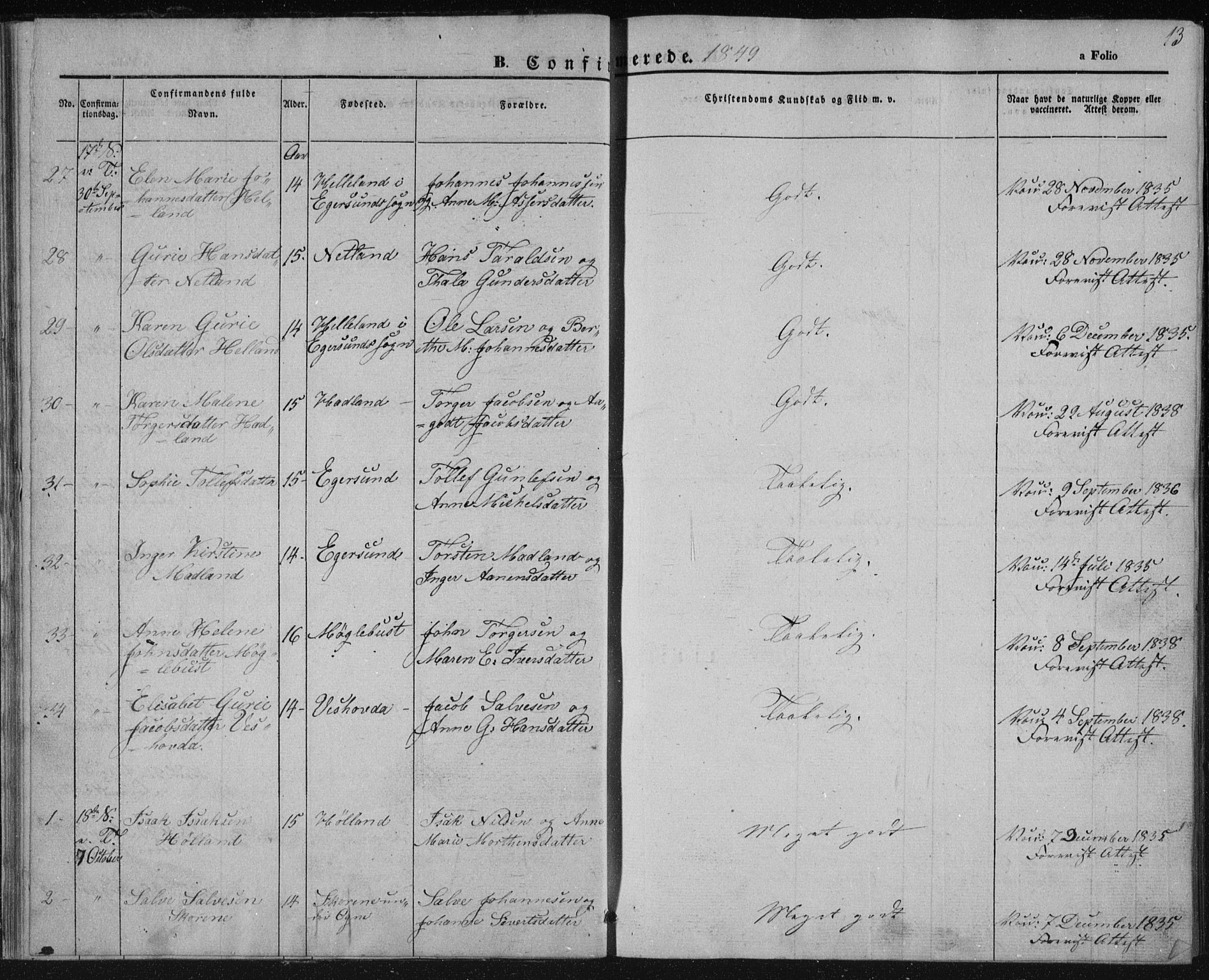 Eigersund sokneprestkontor, AV/SAST-A-101807/S08/L0010: Ministerialbok nr. A 10, 1848-1849, s. 13