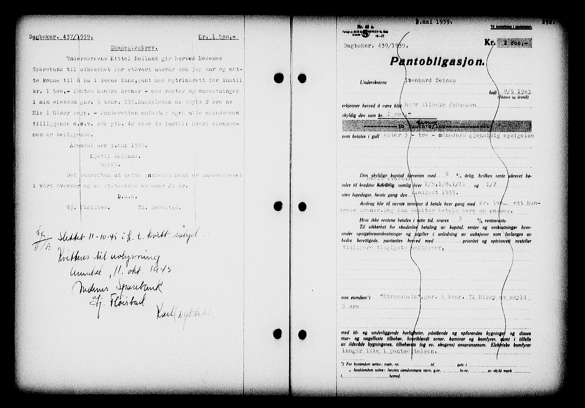 Nedenes sorenskriveri, AV/SAK-1221-0006/G/Gb/Gba/L0046: Pantebok nr. 42, 1938-1939, Dagboknr: 439/1939