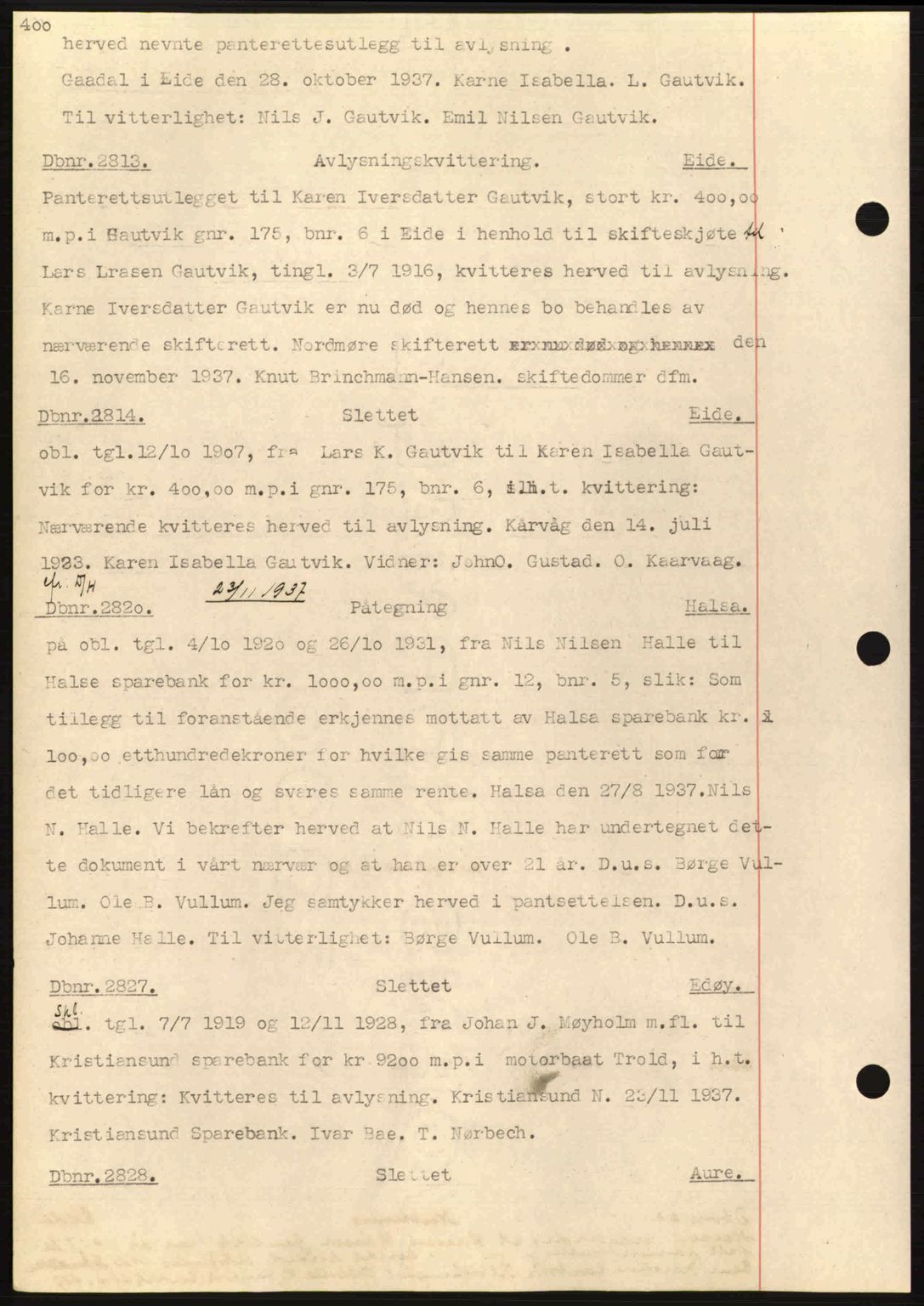 Nordmøre sorenskriveri, SAT/A-4132/1/2/2Ca: Pantebok nr. C80, 1936-1939, Dagboknr: 2813/1937