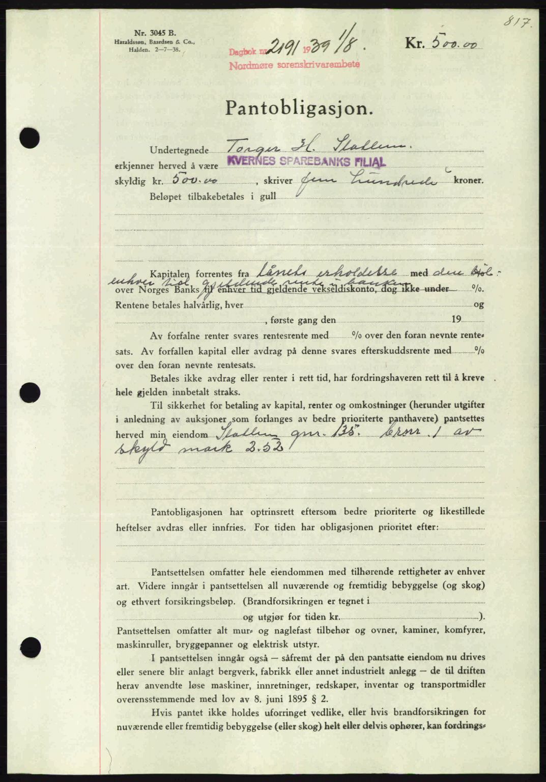 Nordmøre sorenskriveri, AV/SAT-A-4132/1/2/2Ca: Pantebok nr. B85, 1939-1939, Dagboknr: 2191/1939