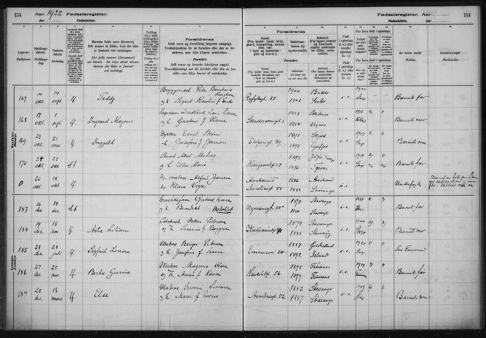 St. Johannes sokneprestkontor, AV/SAST-A-101814/002/A/L0002: Fødselsregister nr. 2, 1919-1924, s. 134