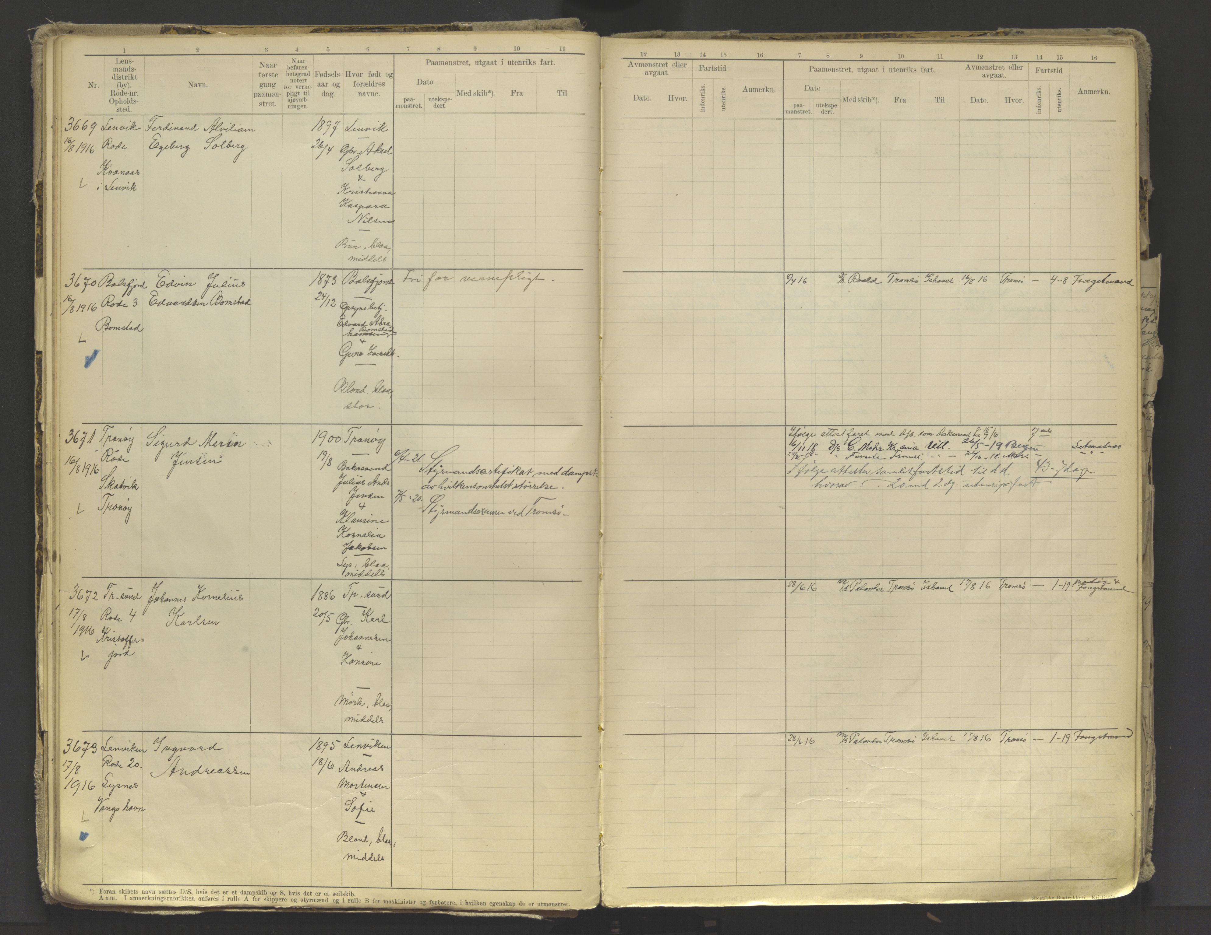 Tromsø sjømannskontor/innrullerings-/mønstringsdistrikt, AV/SATØ-S-0243/F/Fb/L0010: Annotasjonsrulle. Defekt: løs innbinding. Nr. 3519-4972, 1916-1920