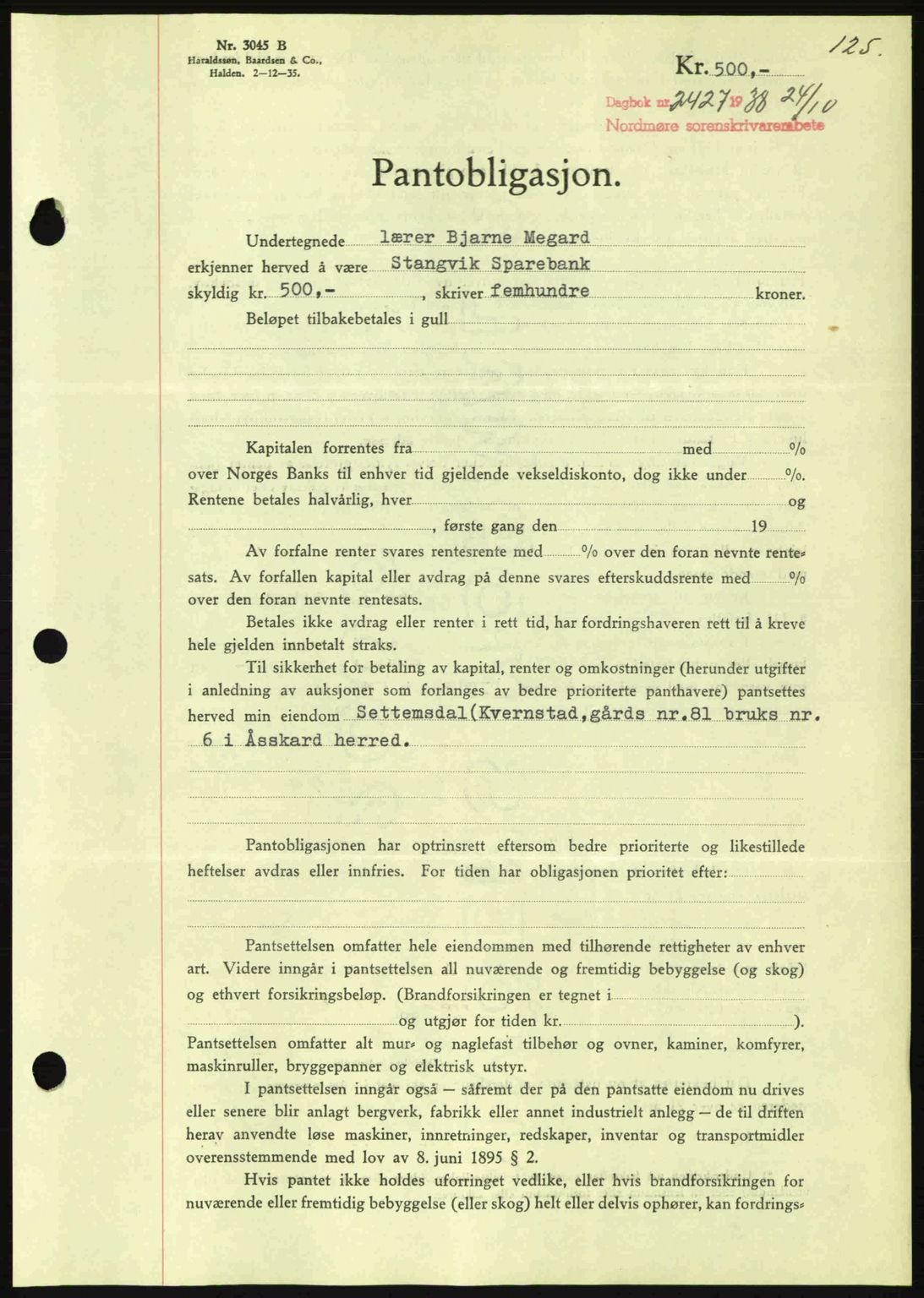 Nordmøre sorenskriveri, AV/SAT-A-4132/1/2/2Ca: Pantebok nr. B84, 1938-1939, Dagboknr: 2427/1938