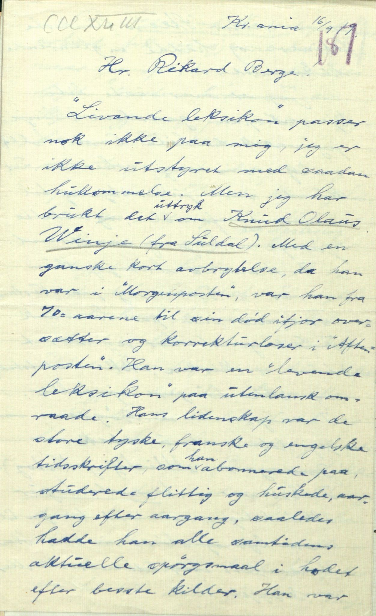 Rikard Berge, TEMU/TGM-A-1003/F/L0009/0003: 341-356 / 343 Mest brev, litt tradisjon, 1902-1925, s. 187