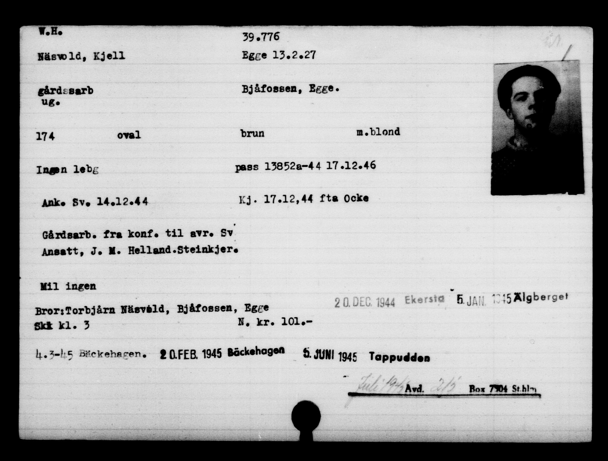 Utenriksstasjonene, Legasjonen i Stockholm, Flyktningkontoret, AV/RA-S-6753/V/Va/L0015: Kjesäterkartoteket, flyktninger med registreringsnr. 37800-40770, 1940-1945, s. 2037