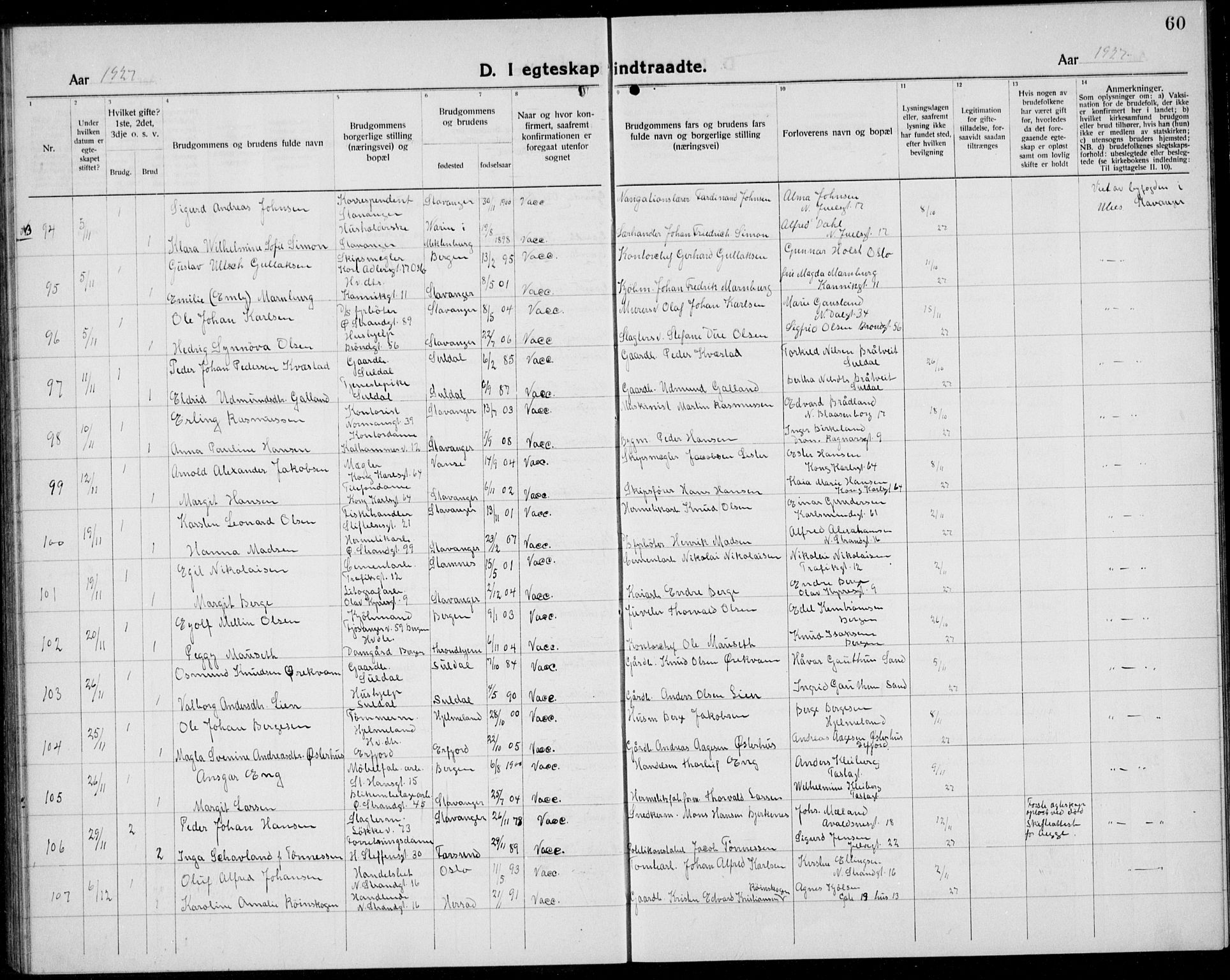 Domkirken sokneprestkontor, AV/SAST-A-101812/001/30/30BB/L0020: Klokkerbok nr. B 20, 1921-1937, s. 60