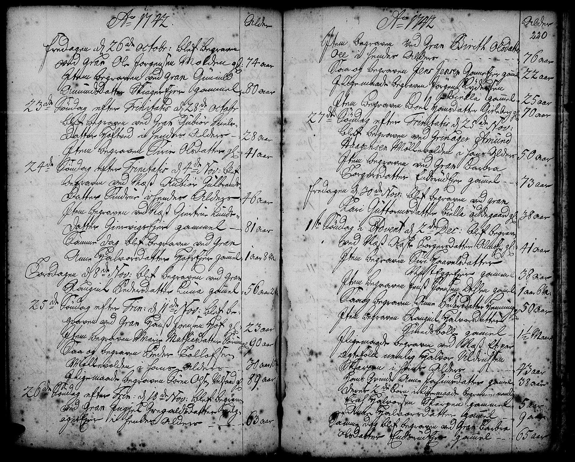 Gran prestekontor, AV/SAH-PREST-112/H/Ha/Haa/L0002: Ministerialbok nr. 2, 1732-1744, s. 220