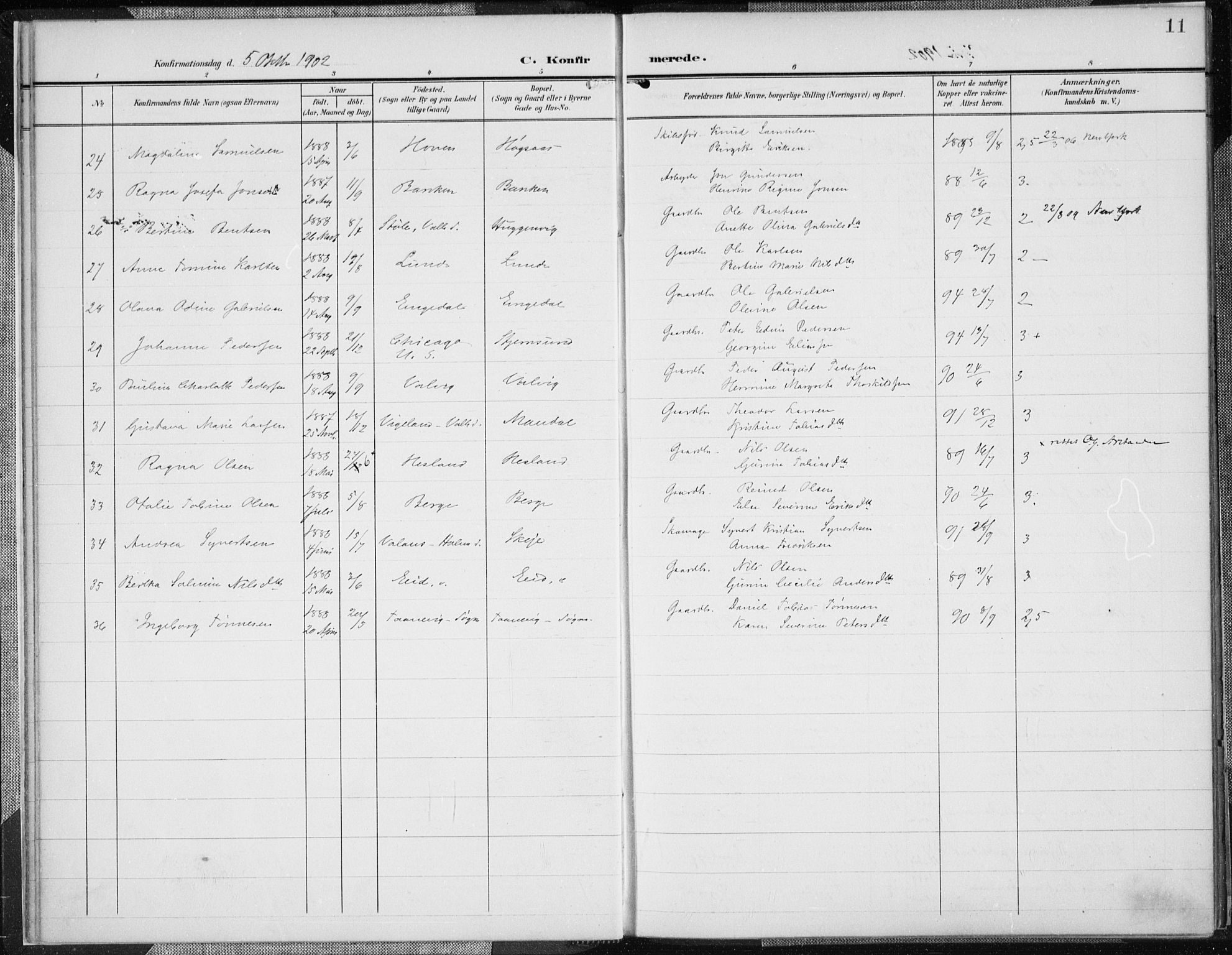 Mandal sokneprestkontor, AV/SAK-1111-0030/F/Fa/Faa/L0019: Ministerialbok nr. A 19, 1902-1912, s. 11