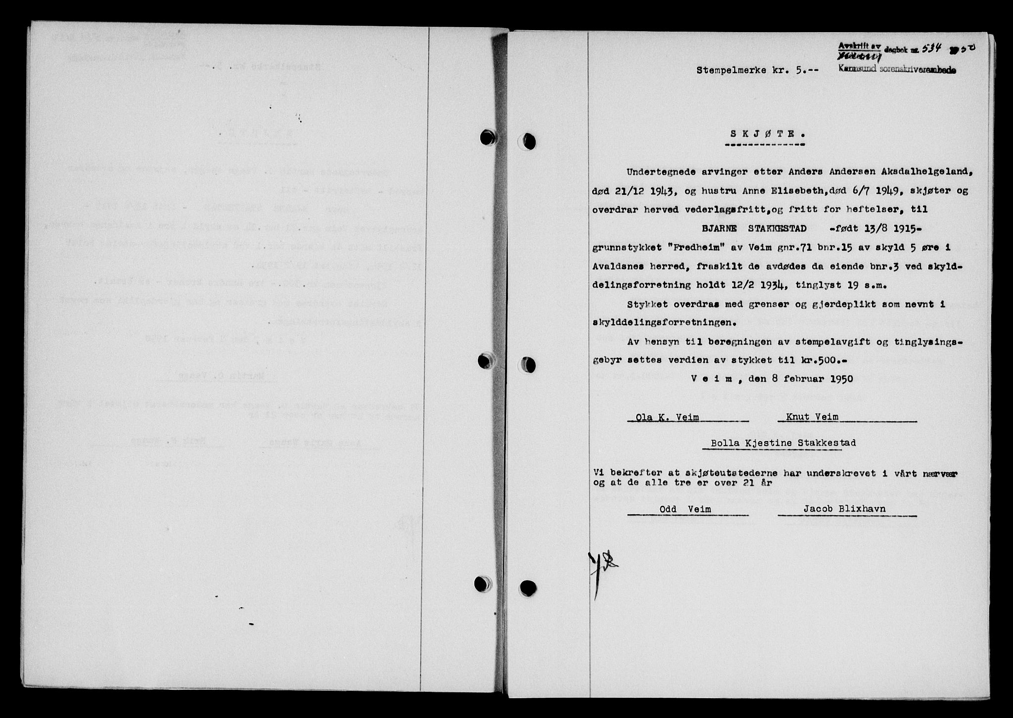 Karmsund sorenskriveri, SAST/A-100311/01/II/IIB/L0099: Pantebok nr. 79A, 1950-1950, Dagboknr: 534/1950