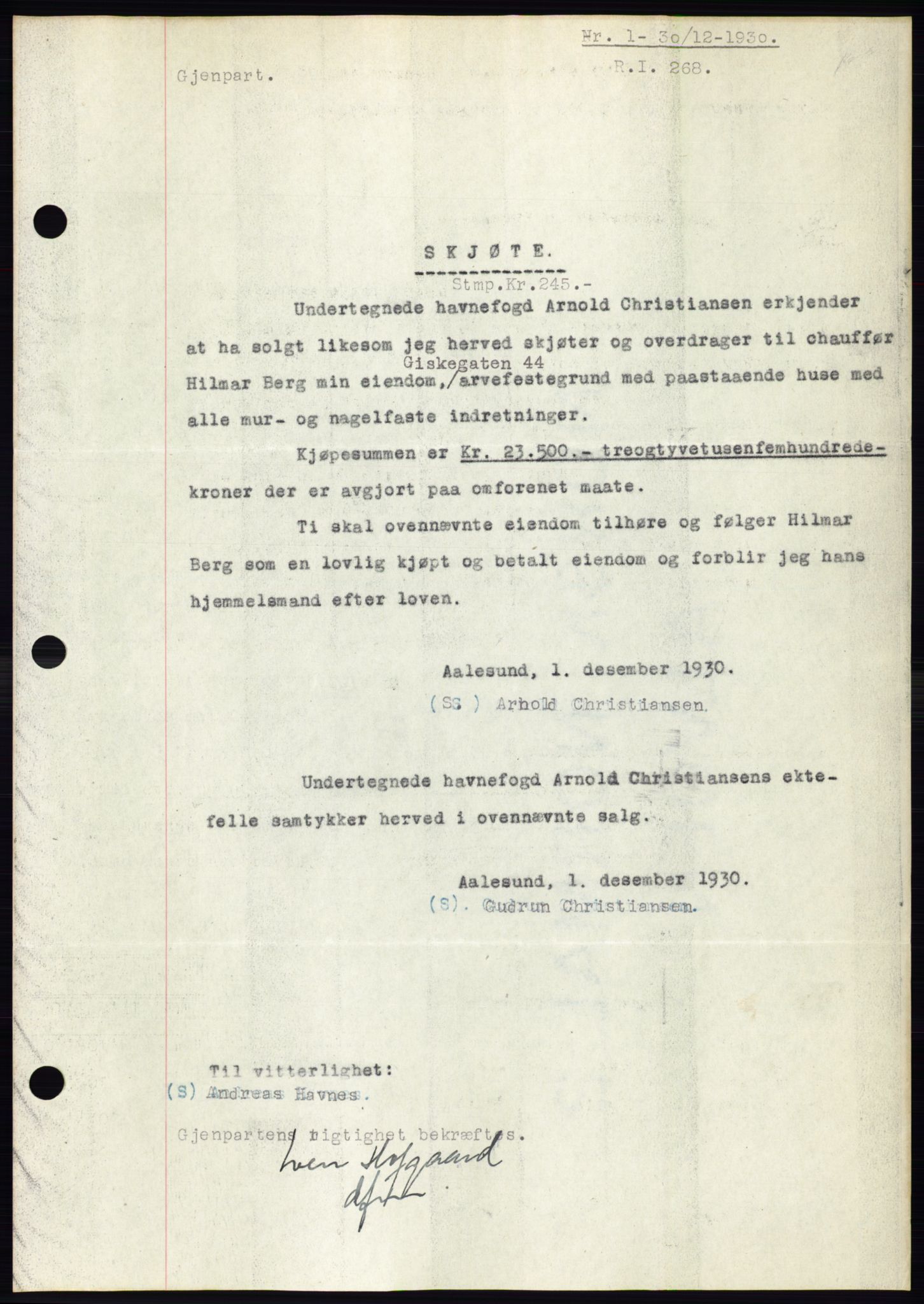 Ålesund byfogd, SAT/A-4384: Pantebok nr. 27, 1930-1931, Tingl.dato: 30.12.1930