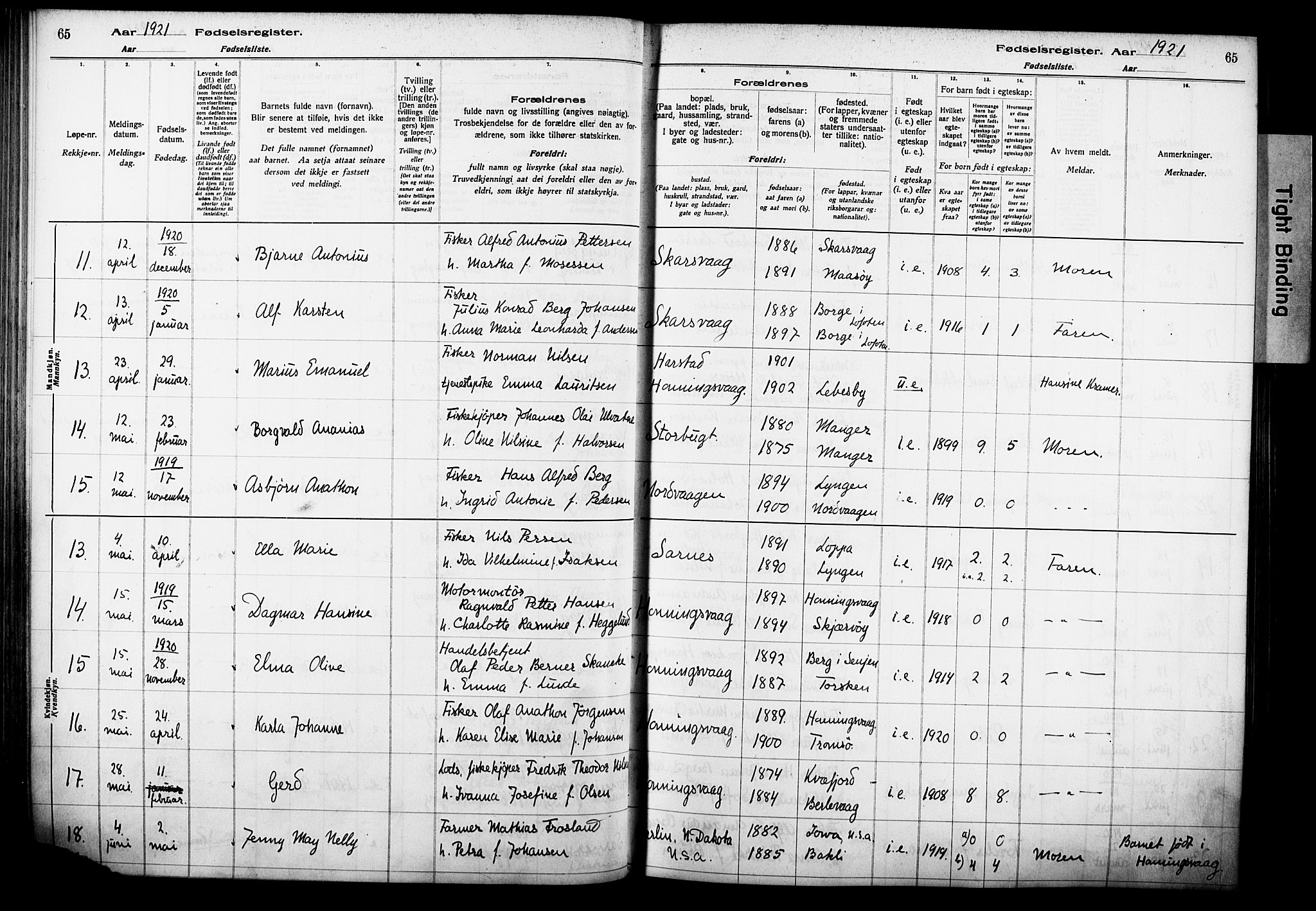 Kjelvik/Nordkapp sokneprestkontor, AV/SATØ-S-1350/I/Ia/L0015: Fødselsregister nr. 15, 1916-1930, s. 65