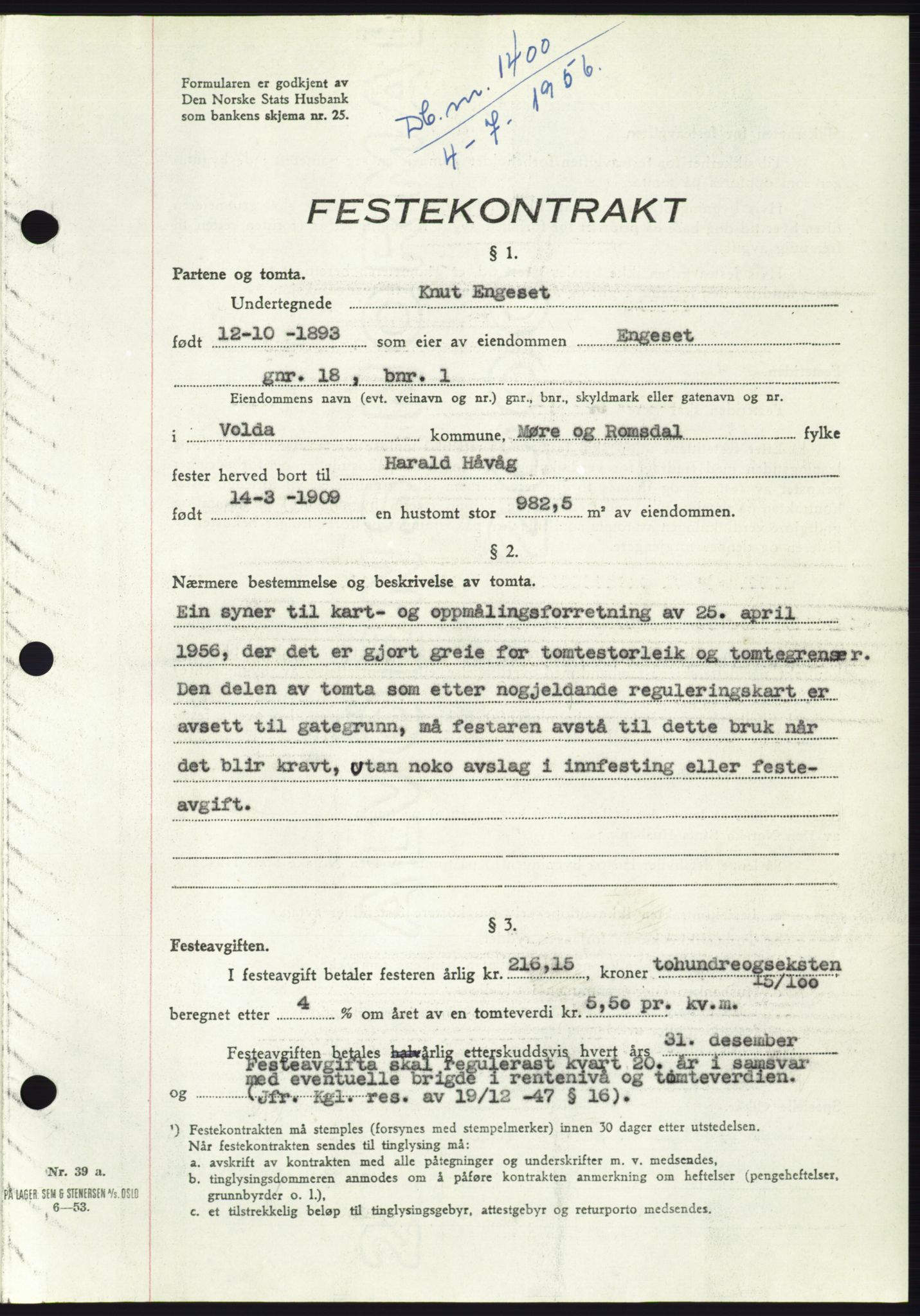 Søre Sunnmøre sorenskriveri, AV/SAT-A-4122/1/2/2C/L0104: Pantebok nr. 30A, 1956-1956, Dagboknr: 1400/1956