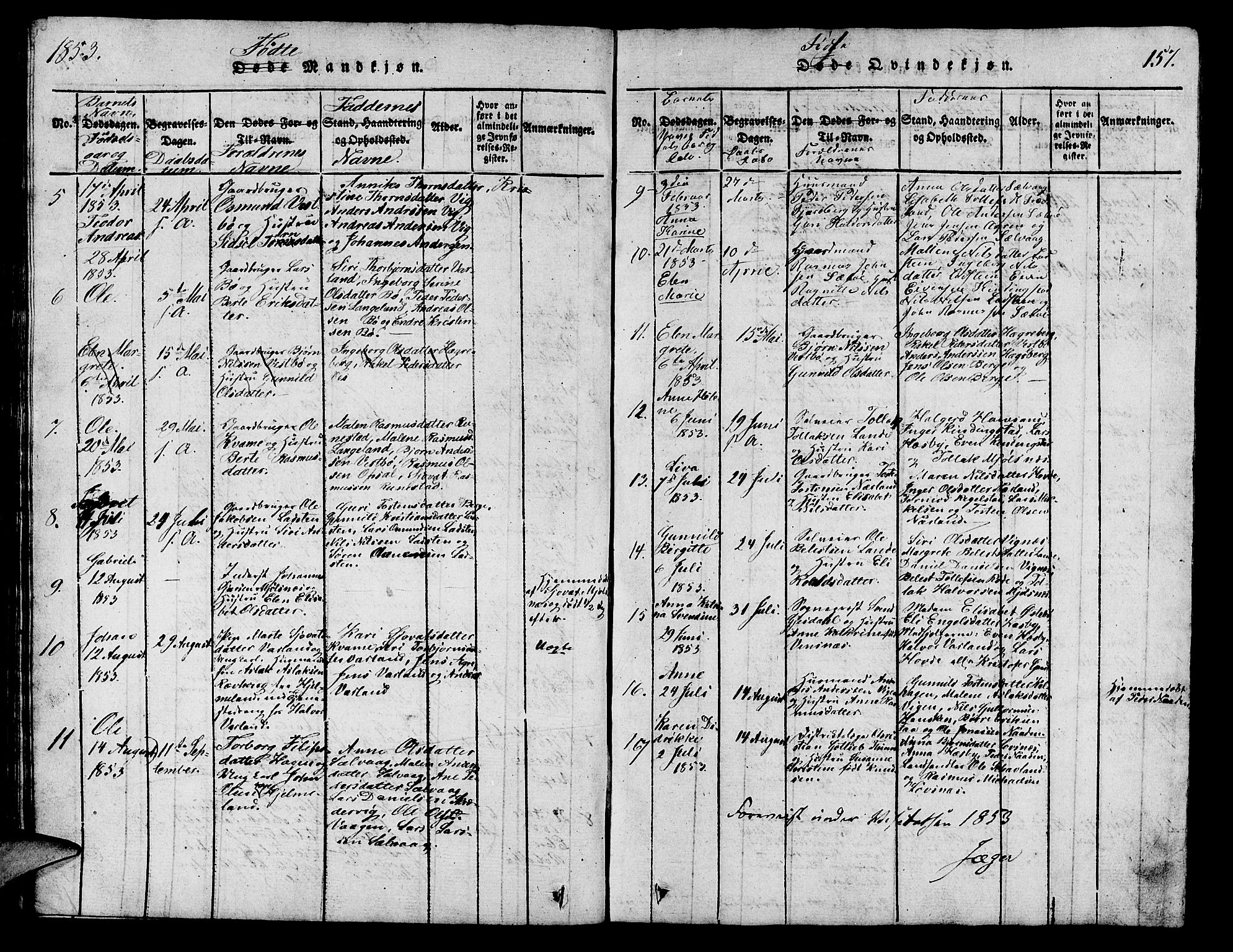 Finnøy sokneprestkontor, AV/SAST-A-101825/H/Ha/Hab/L0001: Klokkerbok nr. B 1, 1816-1856, s. 157