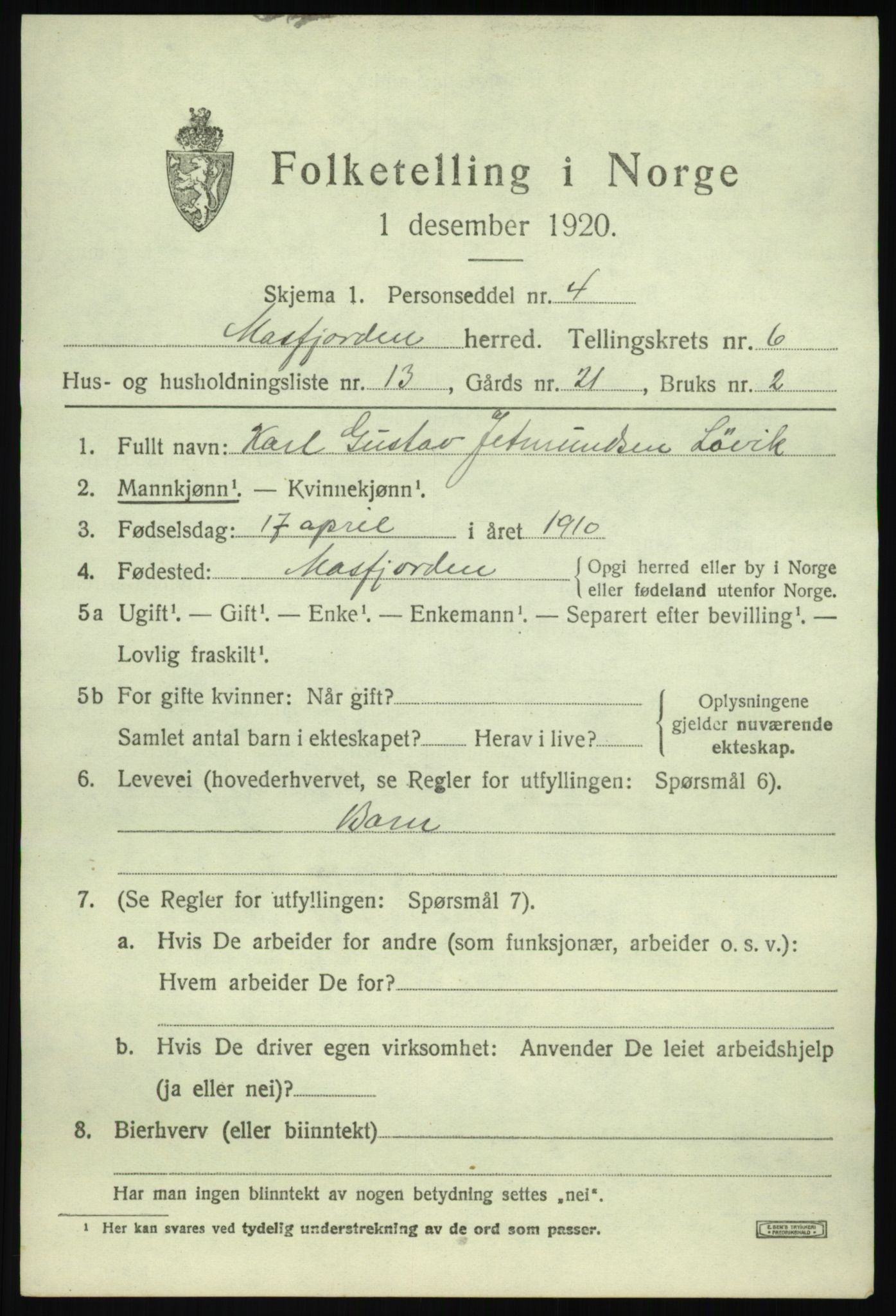 SAB, Folketelling 1920 for 1266 Masfjorden herred, 1920, s. 2565
