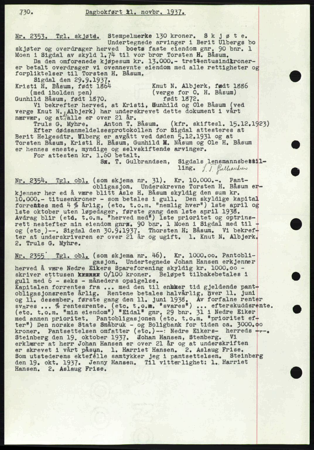 Eiker, Modum og Sigdal sorenskriveri, SAKO/A-123/G/Ga/Gab/L0036: Pantebok nr. A6, 1937-1937, Dagboknr: 2353/1937