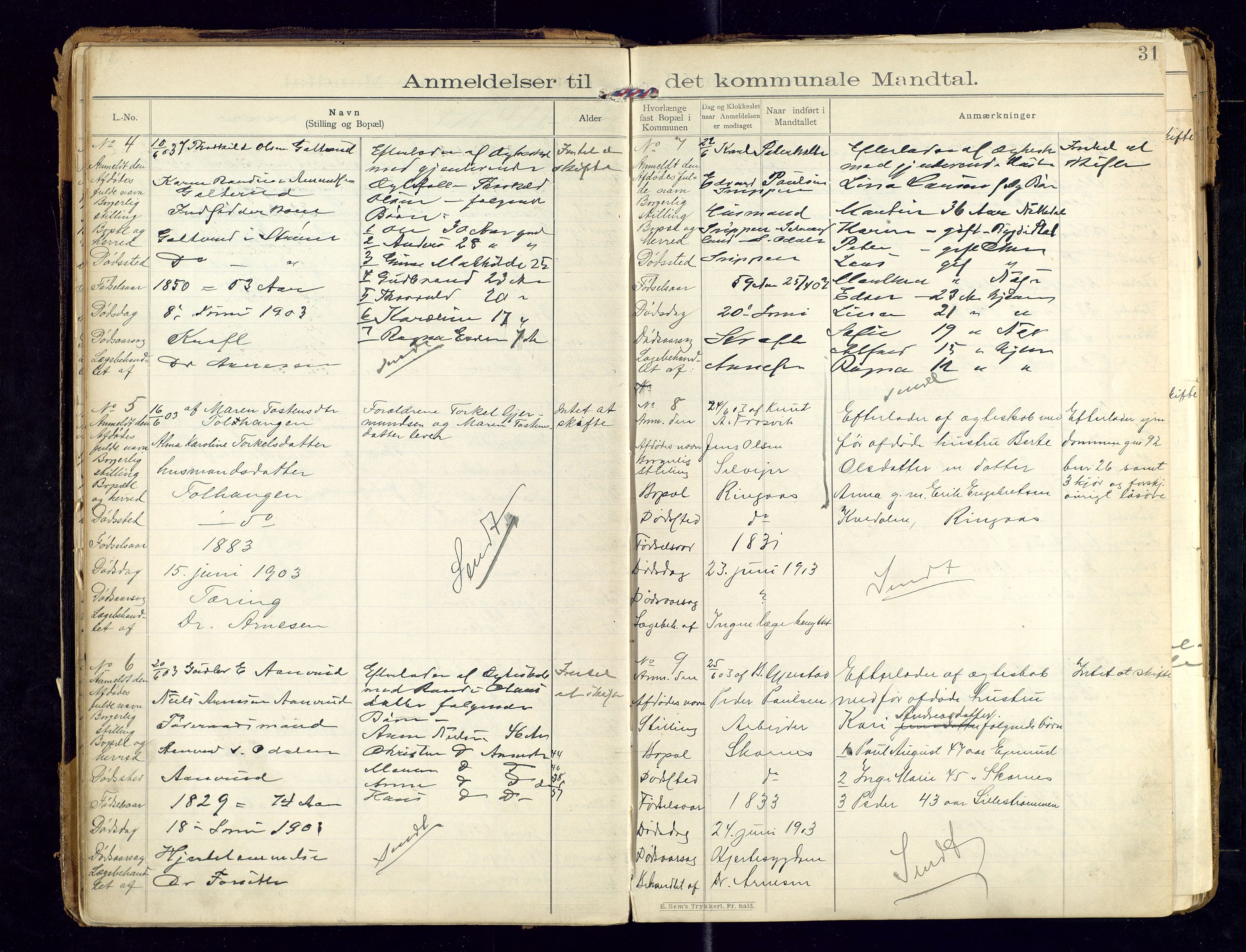 Sør-Odal lensmannskontor, SAH/LHS-022/H/Hb/L0001/0002: Protokoller over anmeldte dødsfall / Protokoll over anmeldte dødsfall, 1901-1913, s. 31