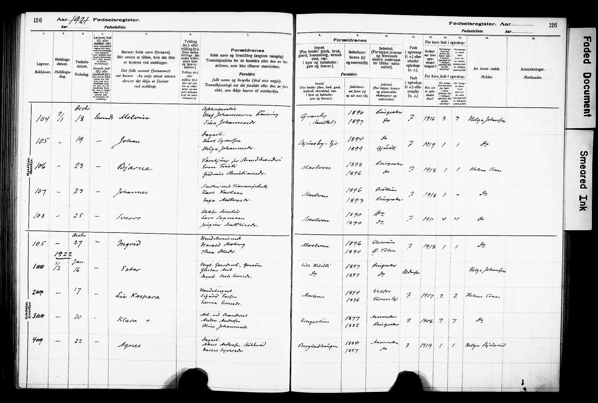 Ringsaker prestekontor, SAH/PREST-014/O/Oa/L0001: Fødselsregister nr. 1, 1916-1925, s. 126
