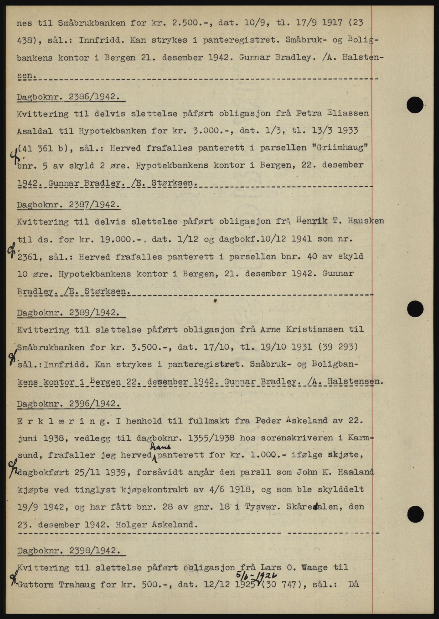 Karmsund sorenskriveri, SAST/A-100311/01/II/IIBBE/L0008: Pantebok nr. B 54, 1942-1943, Dagboknr: 2386/1942